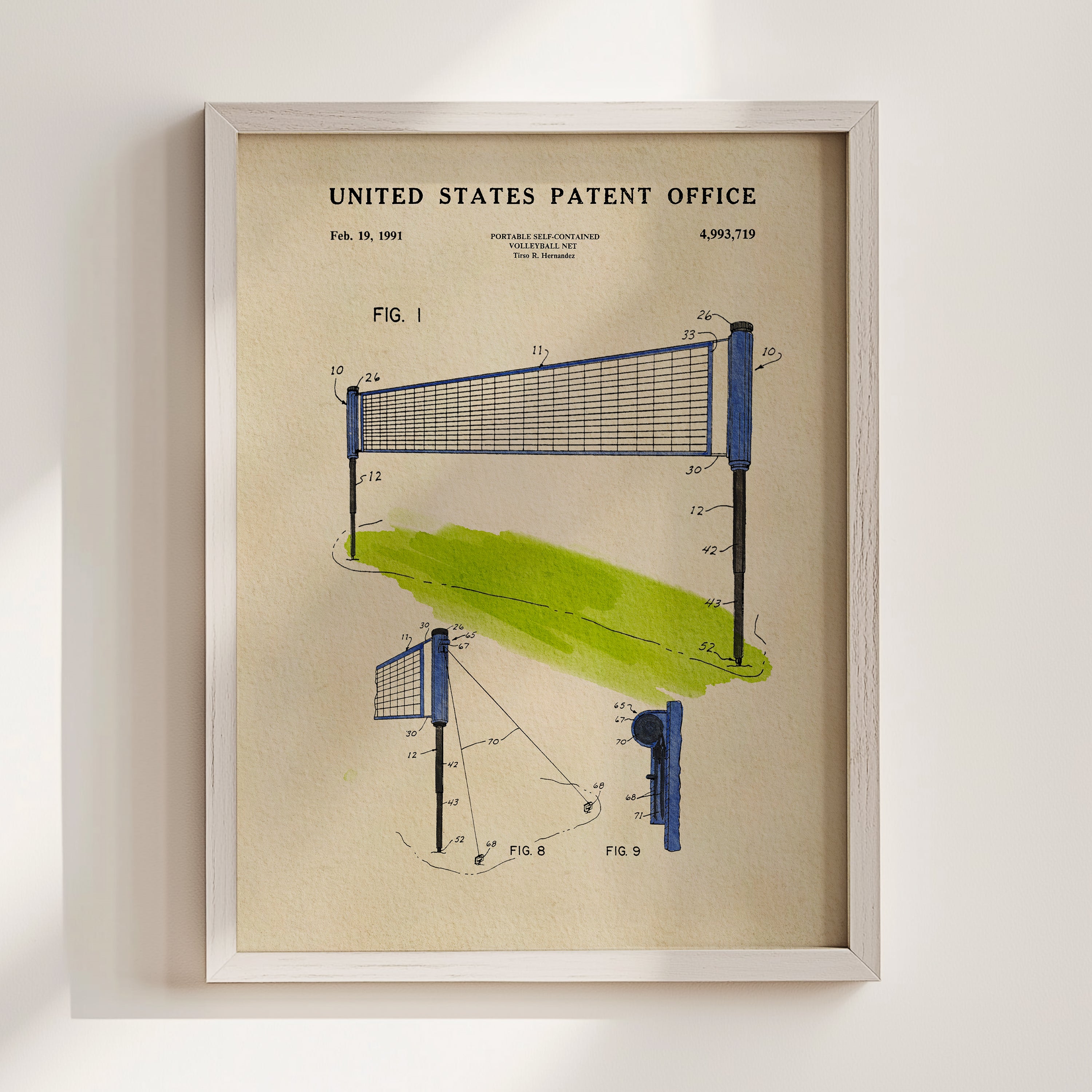 The image is a framed patent drawing depicting a volleyball net, with technical drawings and specifications for the net.