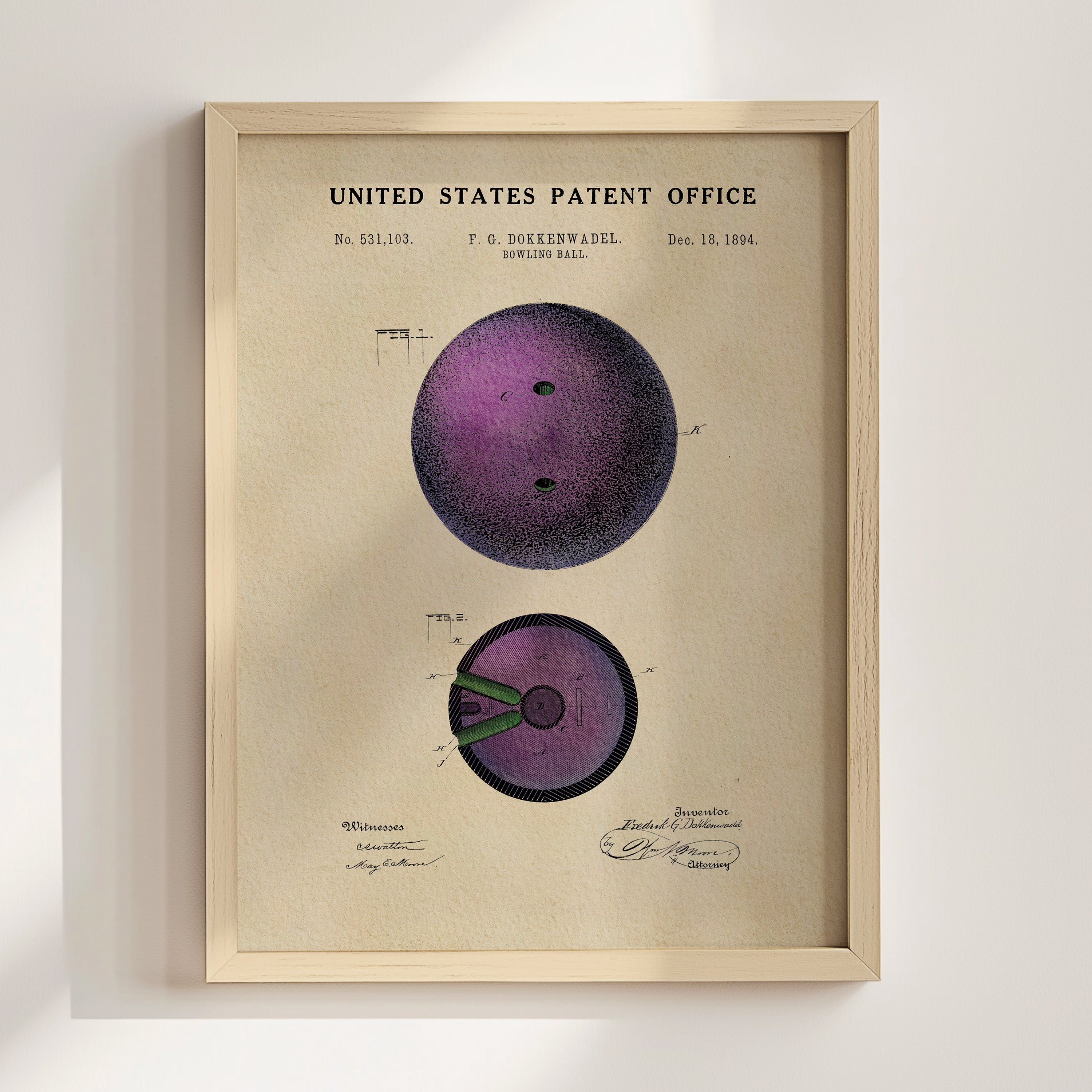 The image is a framed patent drawing depicting a bowling ball, with a detailed illustration of the ball and its components.