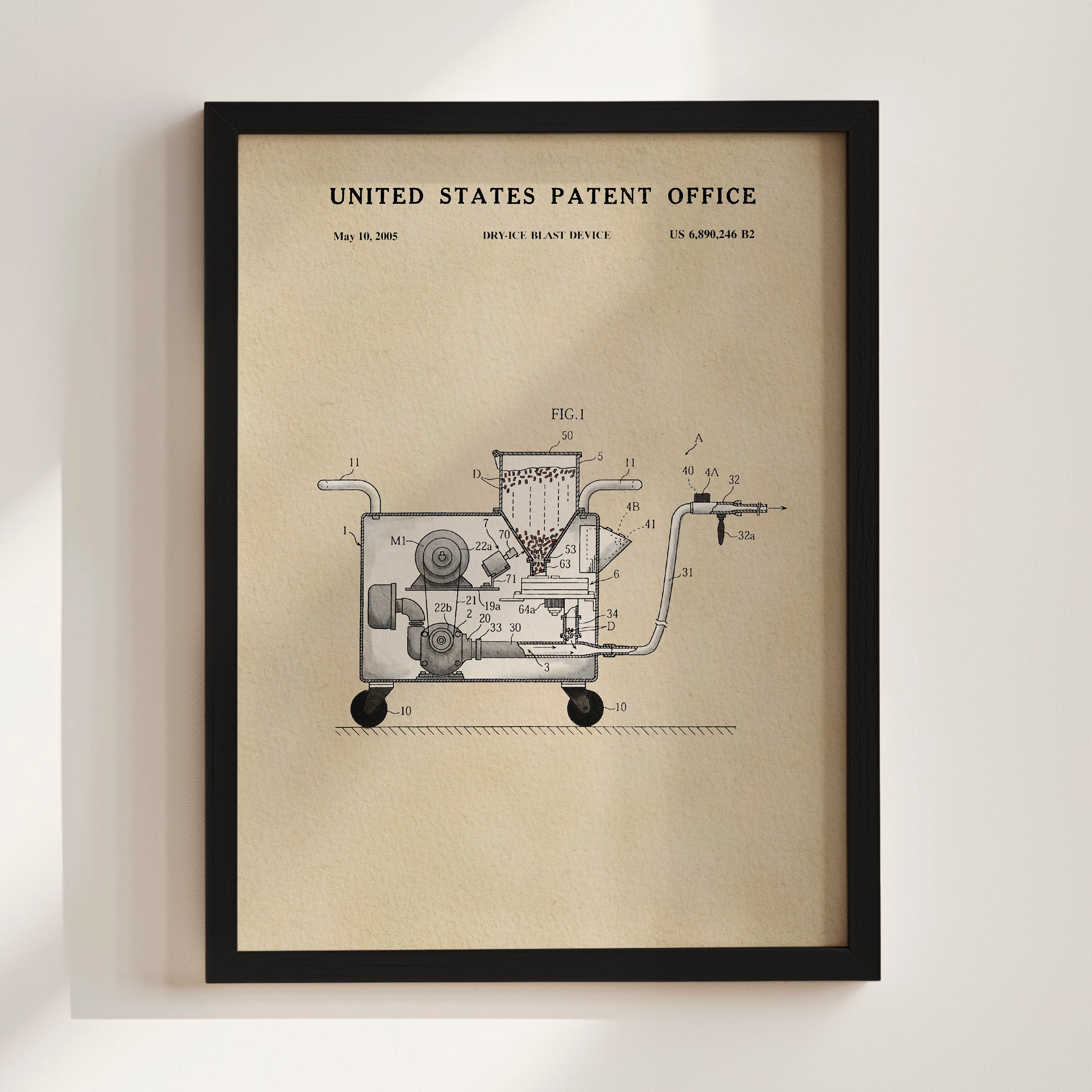 The image is a framed patent drawing depicting a device with a mechanical or technological component, likely related to the United States Patent Office.