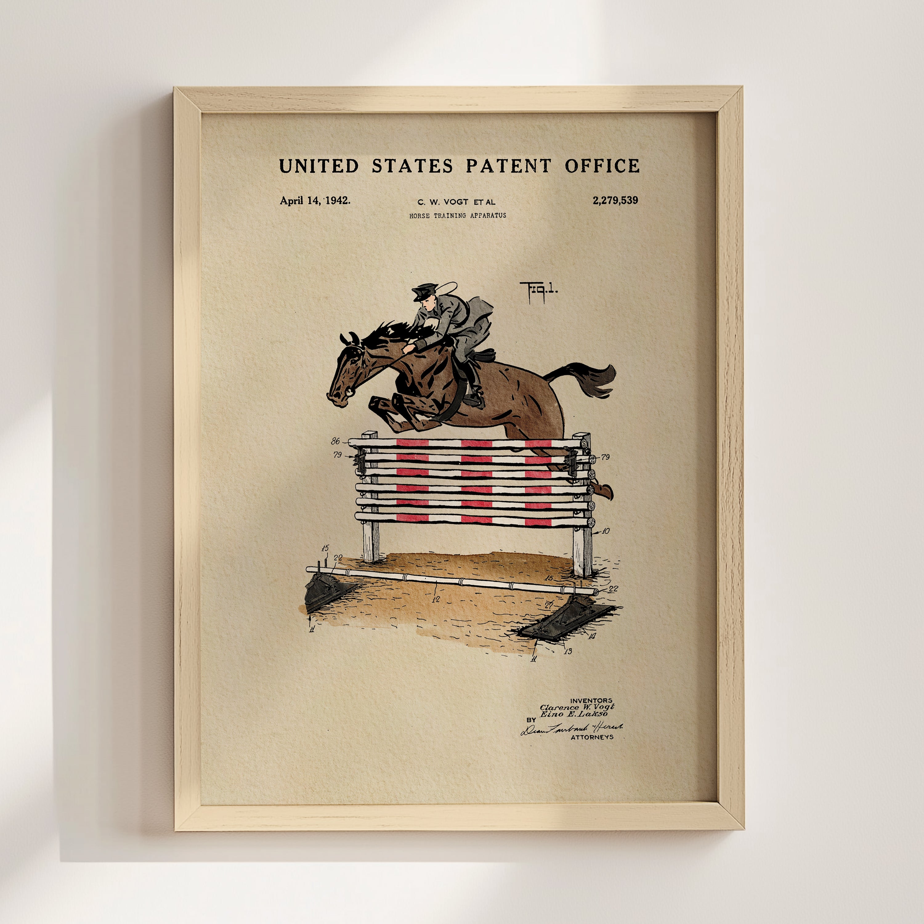 The image is a framed patent drawing depicting a horse jumping over a red and white striped obstacle.