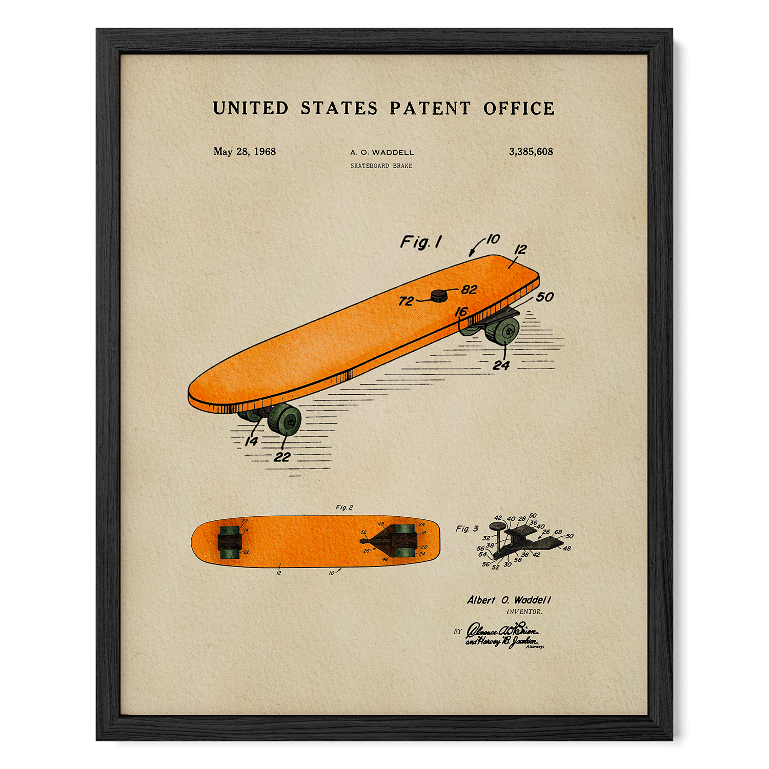 The image is a framed patent drawing of an orange skateboard, depicting the design and features of the skateboard.