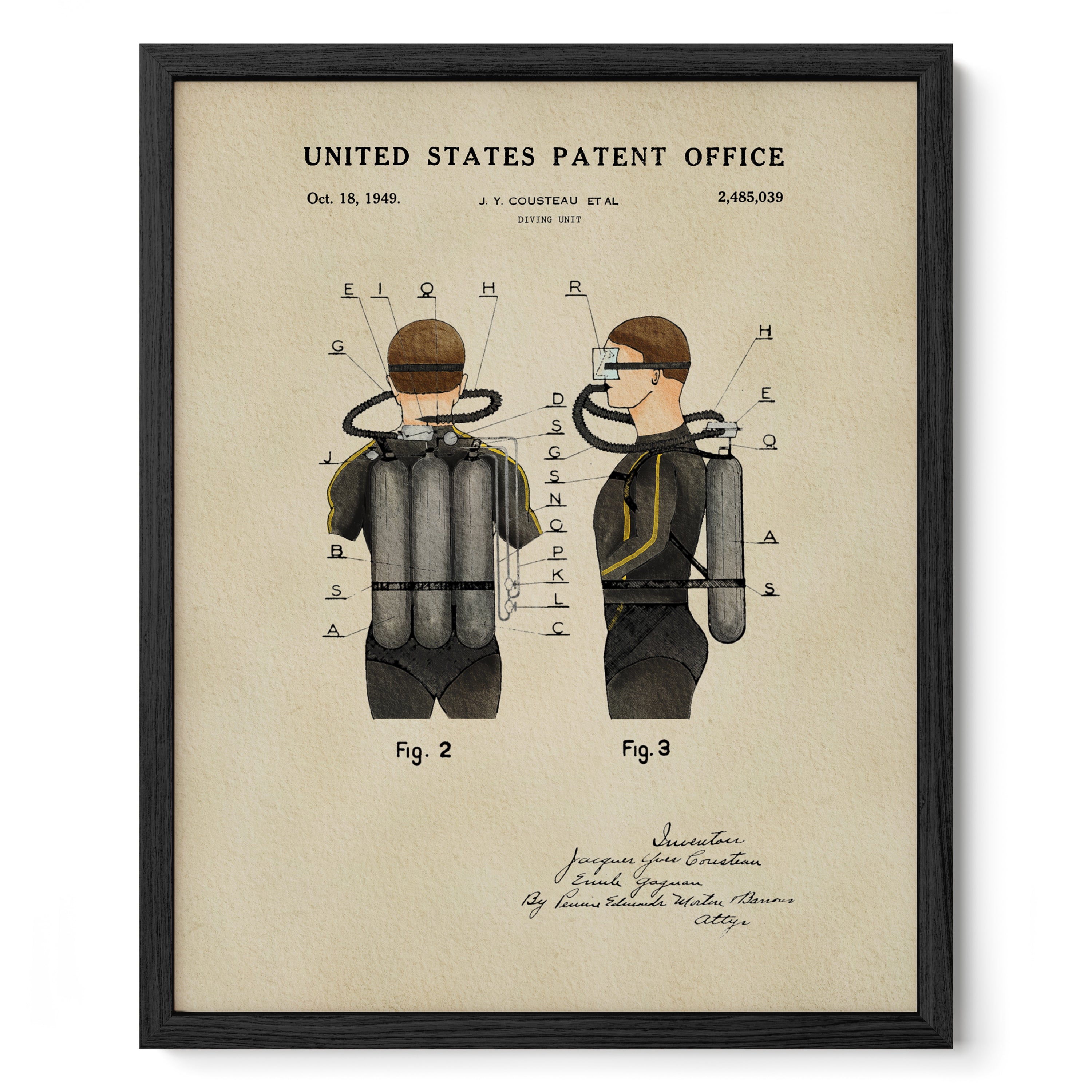 The image is a framed print depicting a diving suit with a detailed illustration of its components, including the helmet, snorkel, and other accessories.