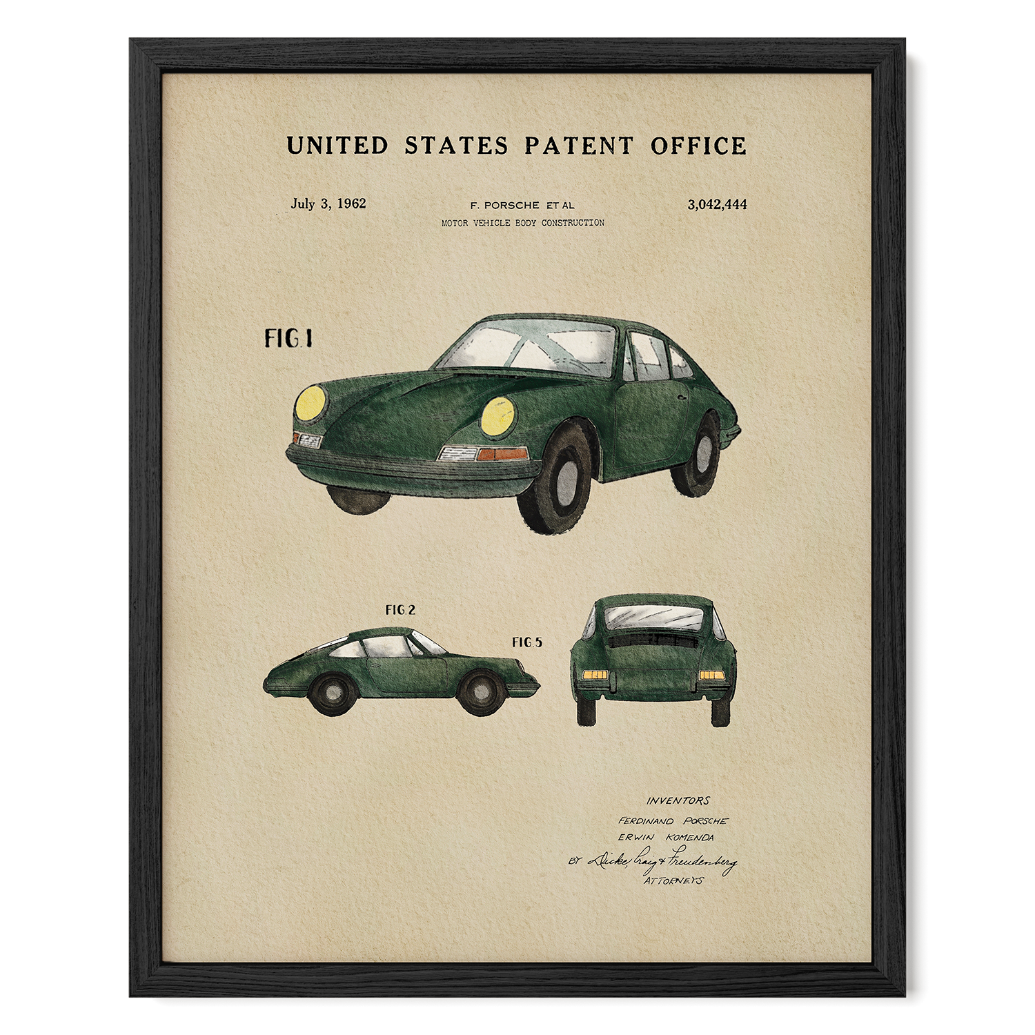 The image is a framed patent drawing of a green Porsche 911 car, depicting the car's design and features.