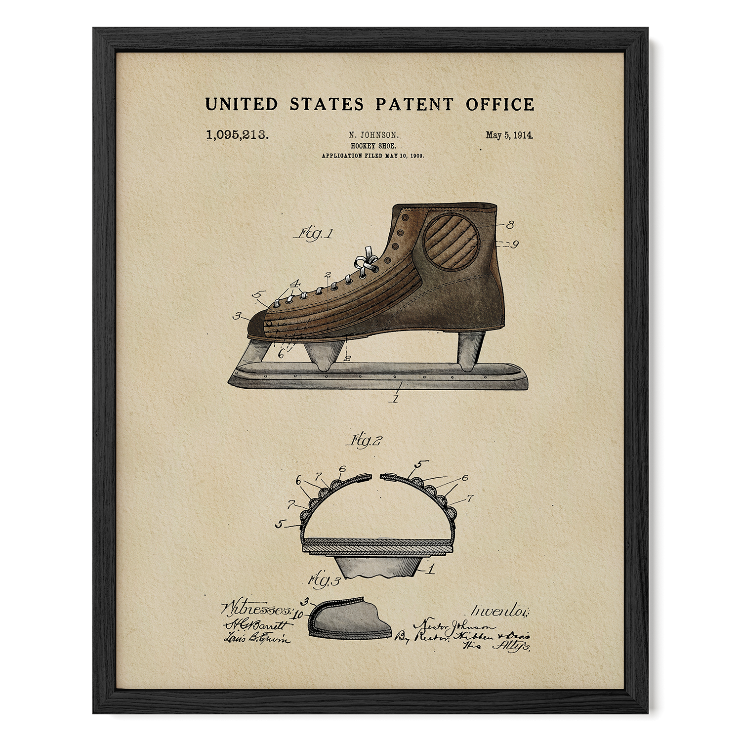 The image is a framed patent drawing of a pair of brown ice skates, depicting the design and features of the skates.