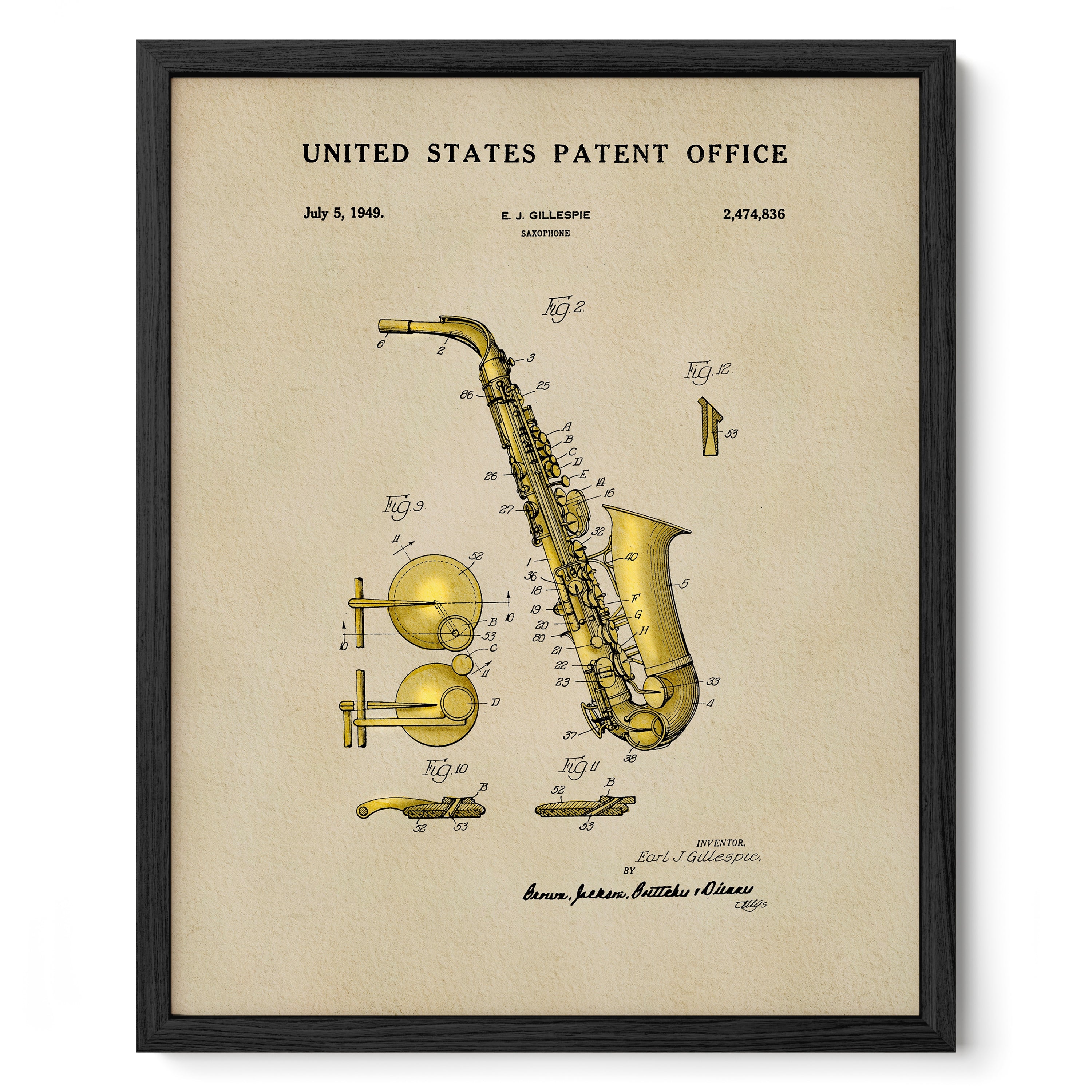The image is a framed patent drawing of a saxophone, depicting its various components and parts in a detailed manner.