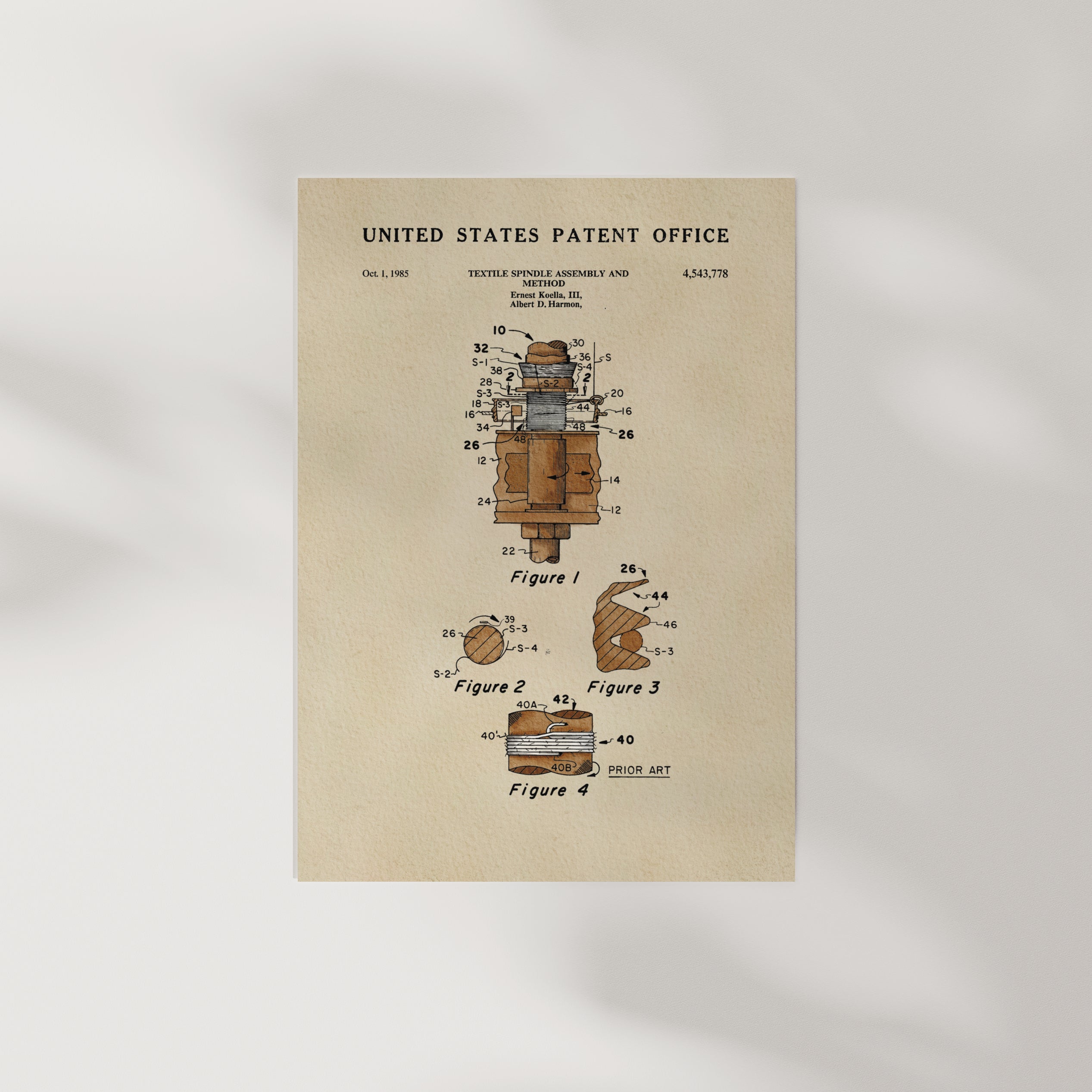 The image is a vintage United States patent office patent drawing depicting a textile spindle assembly and a device with a spindle and a spool.