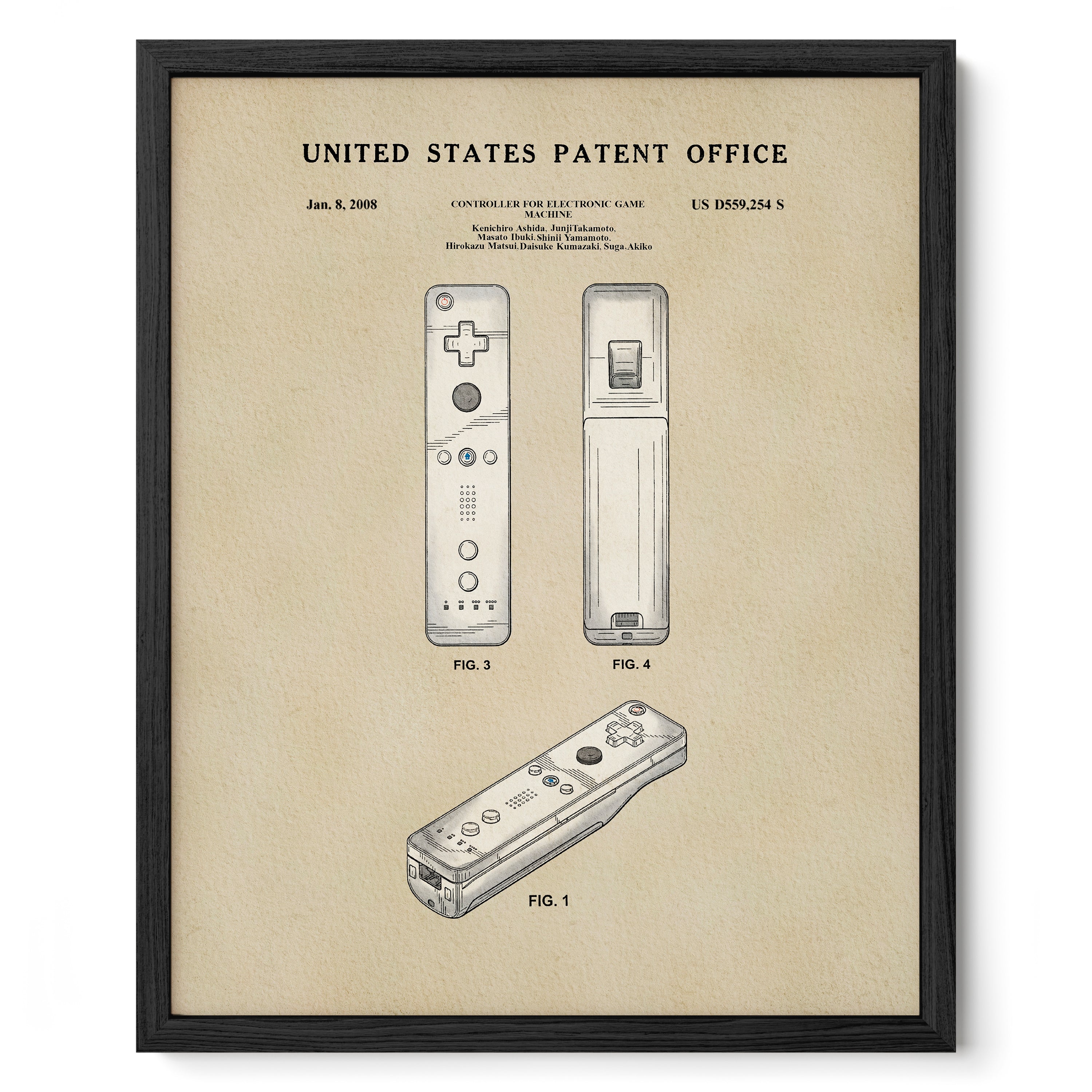 The image is a framed patent drawing depicting two Wii controllers, labeled as