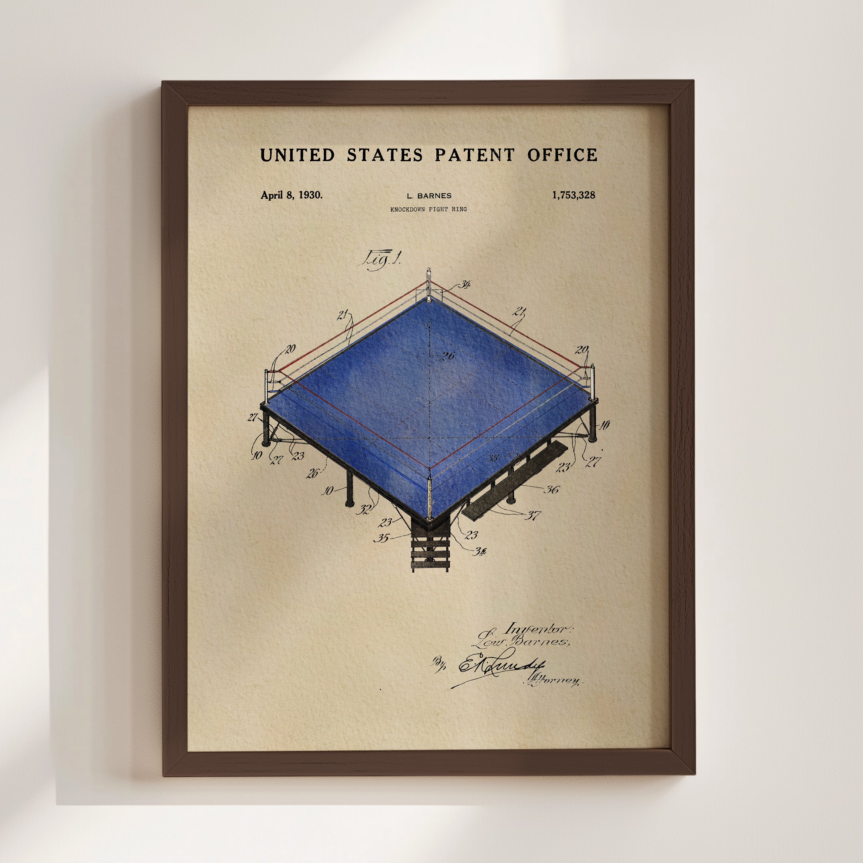 The image is a framed patent drawing depicting a blue structure with various technical drawings and annotations.