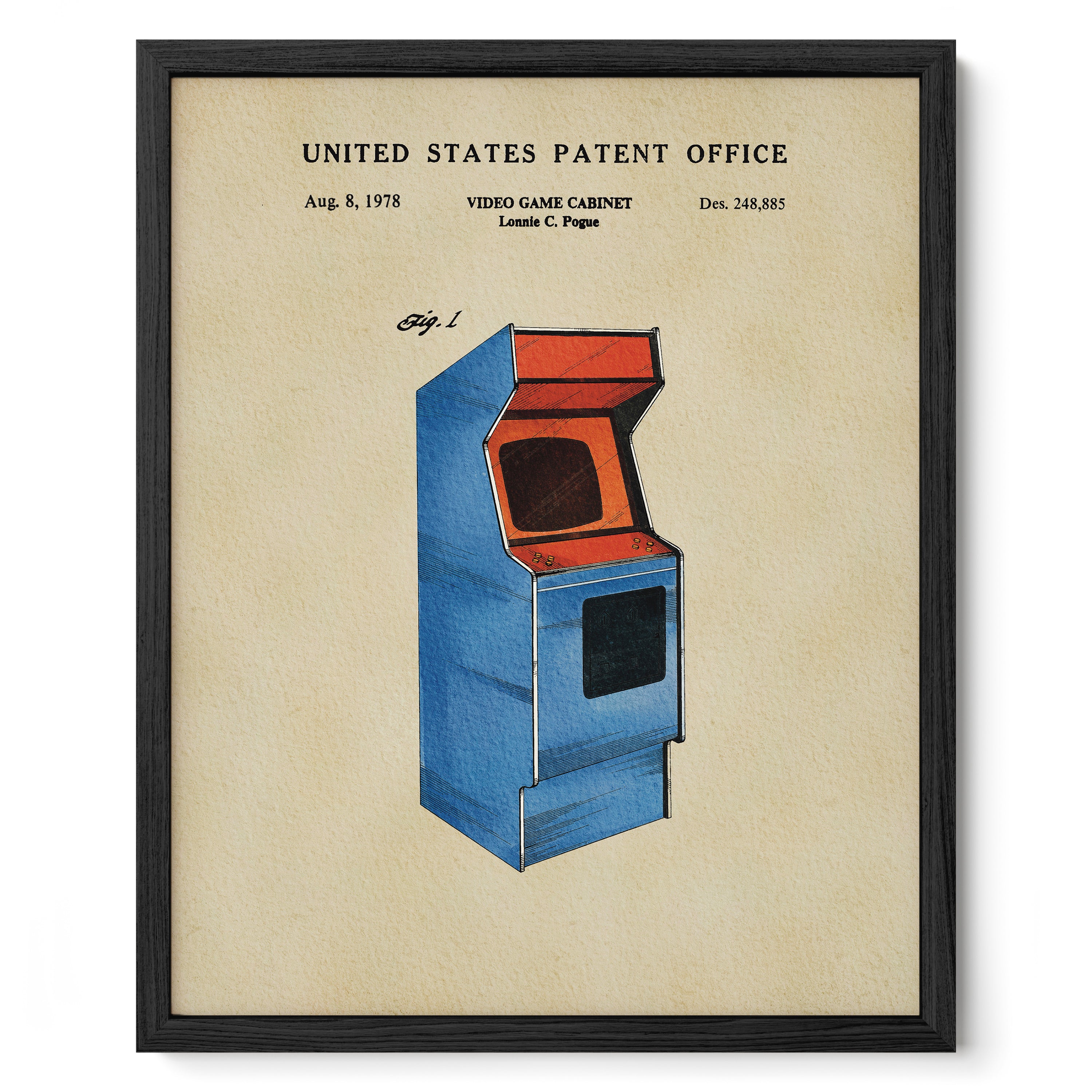 A framed vintage-style patent drawing of a video game cabinet from the United States Patent Office, dated August 8, 1978.
