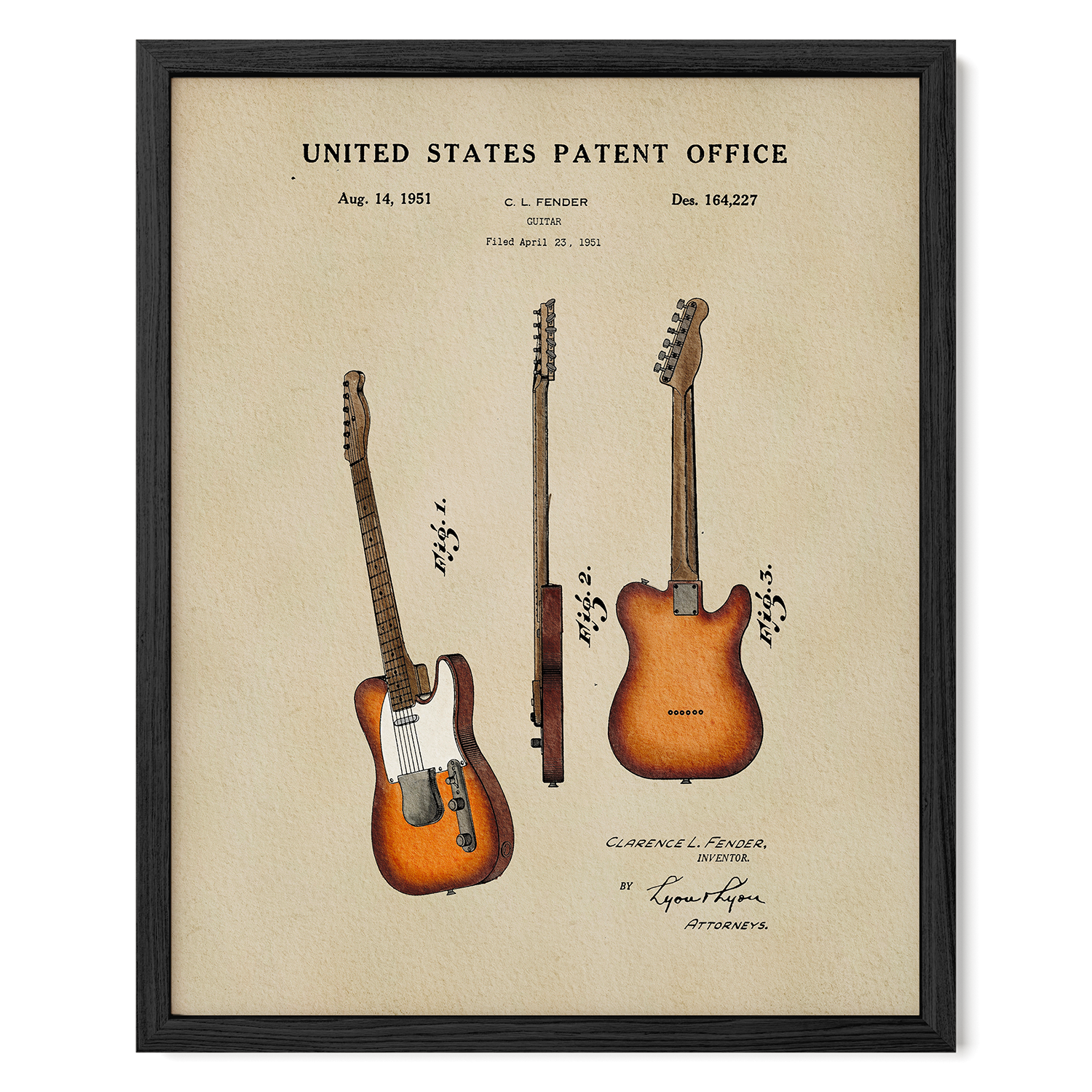 The image is a framed patent drawing of a guitar, depicting three different types of guitars with detailed illustrations and text.