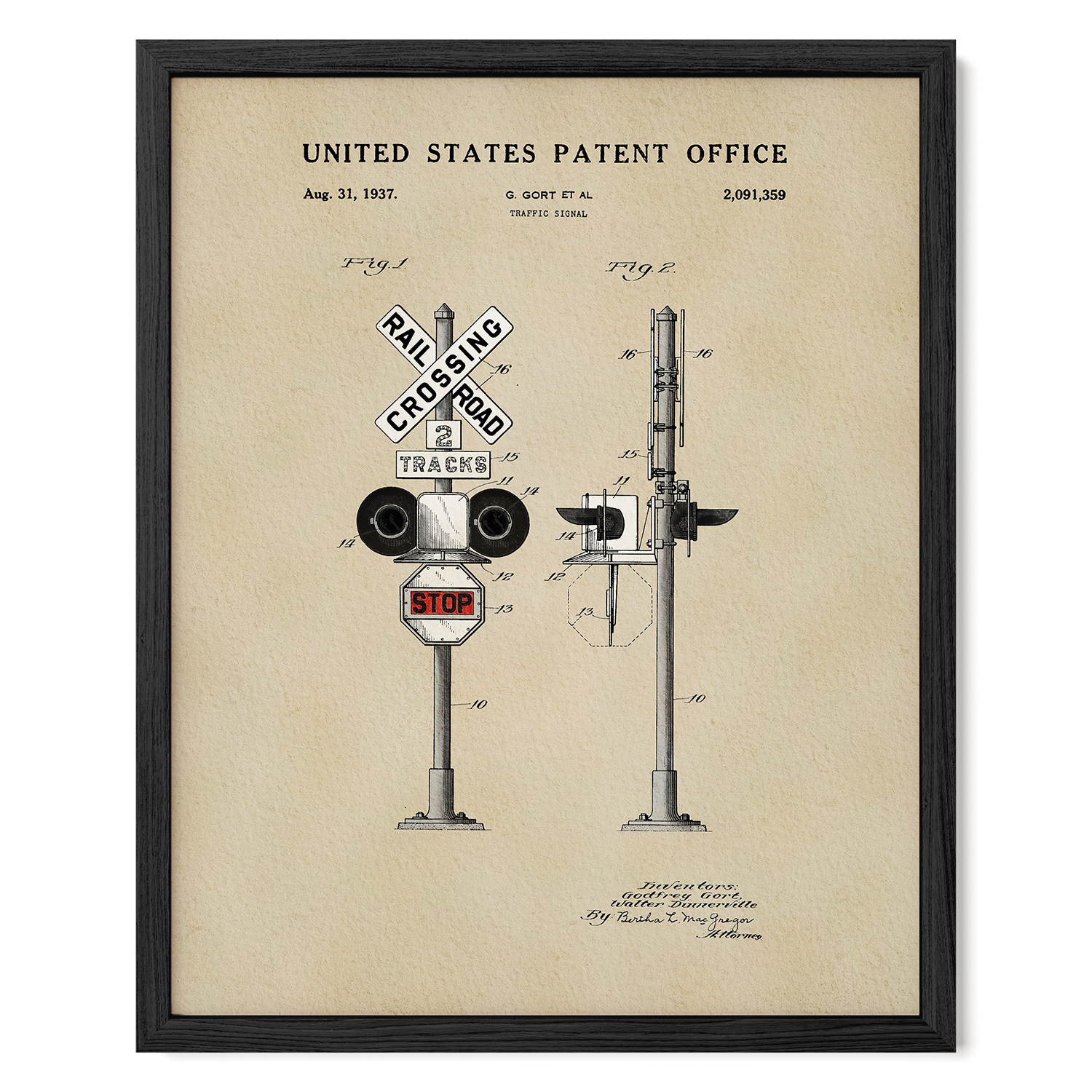 The image is a framed patent drawing depicting a railroad crossing signal, which is a device used to control traffic at railroad crossings.