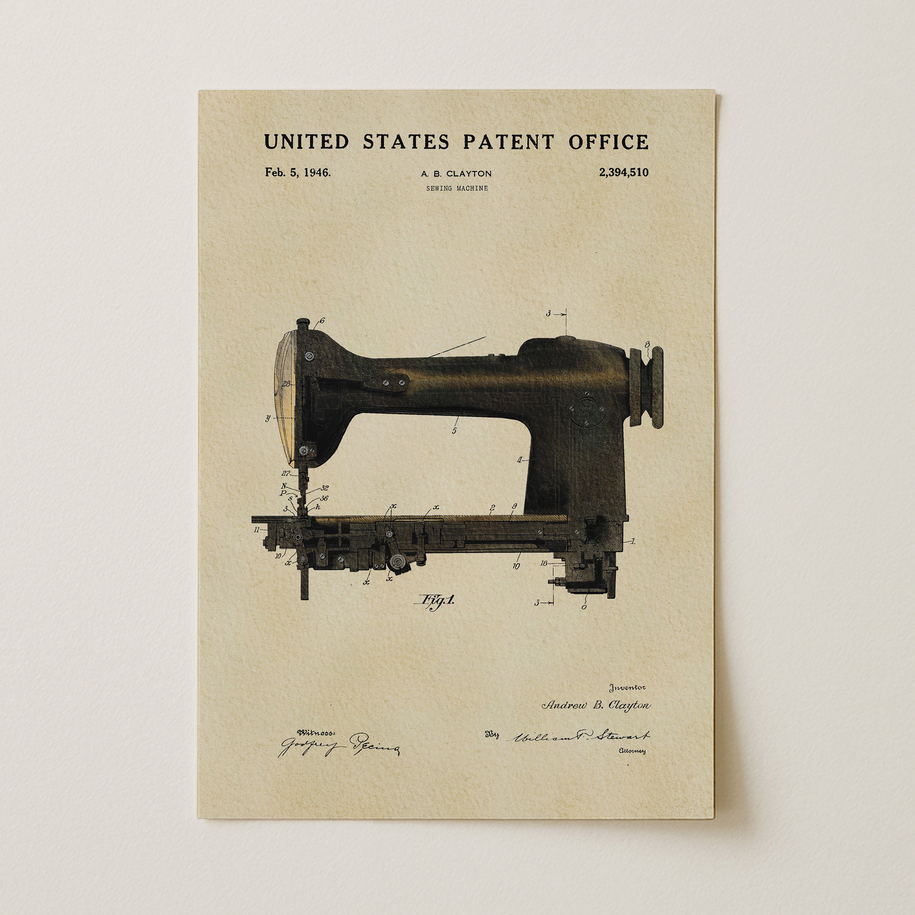 A vintage United States patent office document from February 5, 1946, featuring a detailed drawing and description of a sewing machine.
