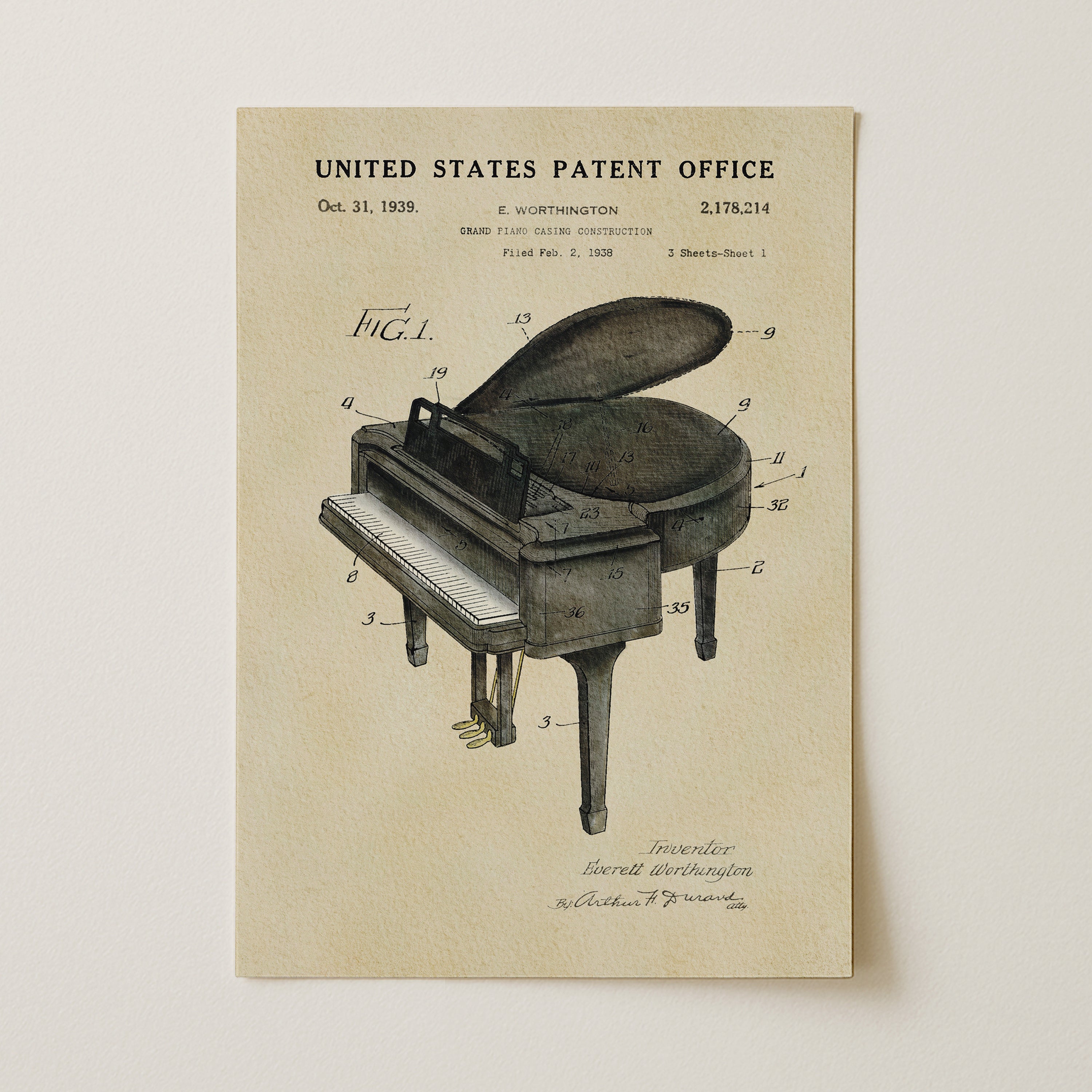 A vintage United States patent office patent from 1934 featuring a grand piano with detailed technical drawings and annotations.