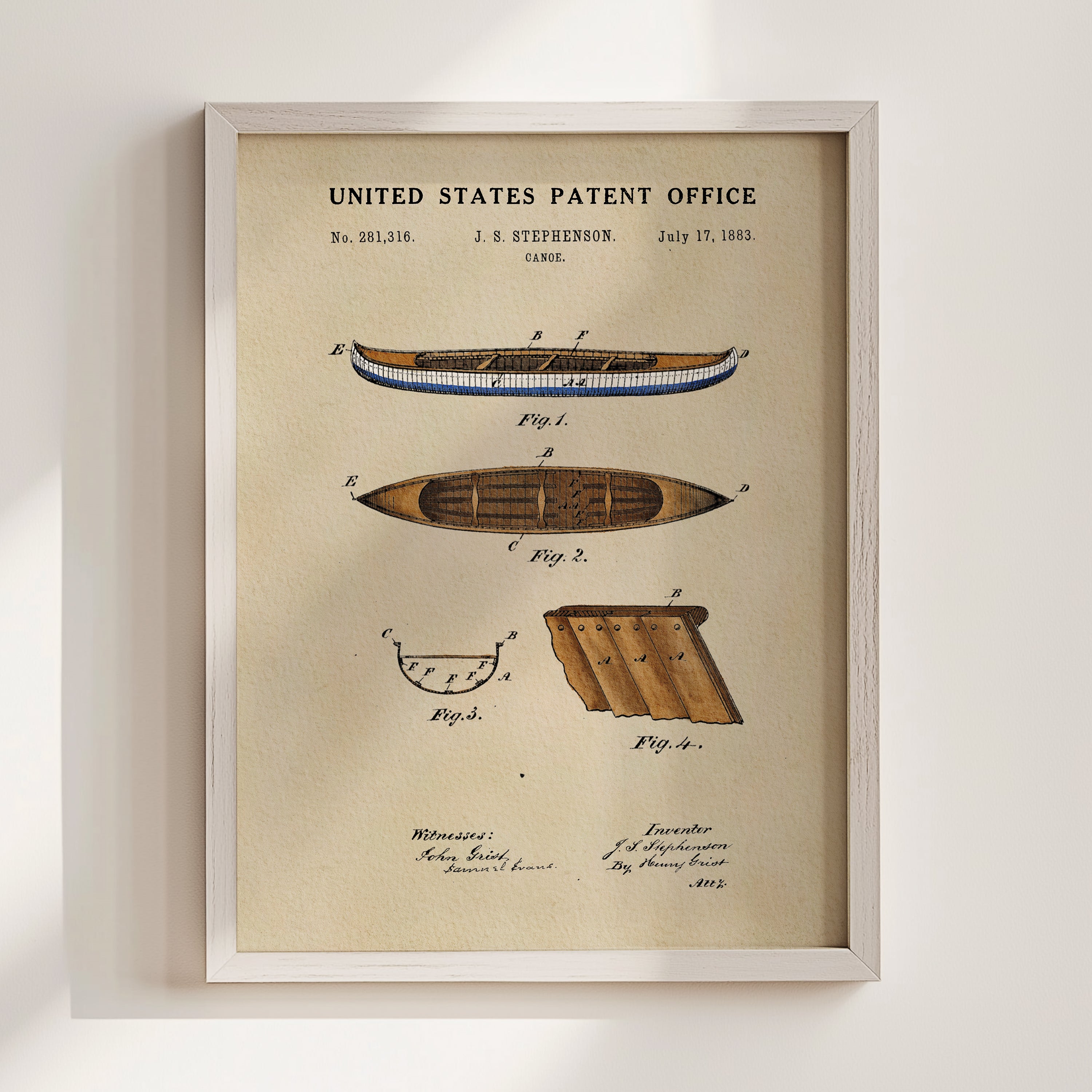 The image is a framed patent drawing depicting a boat design, featuring illustrations and annotations related to the United States Patent Office.