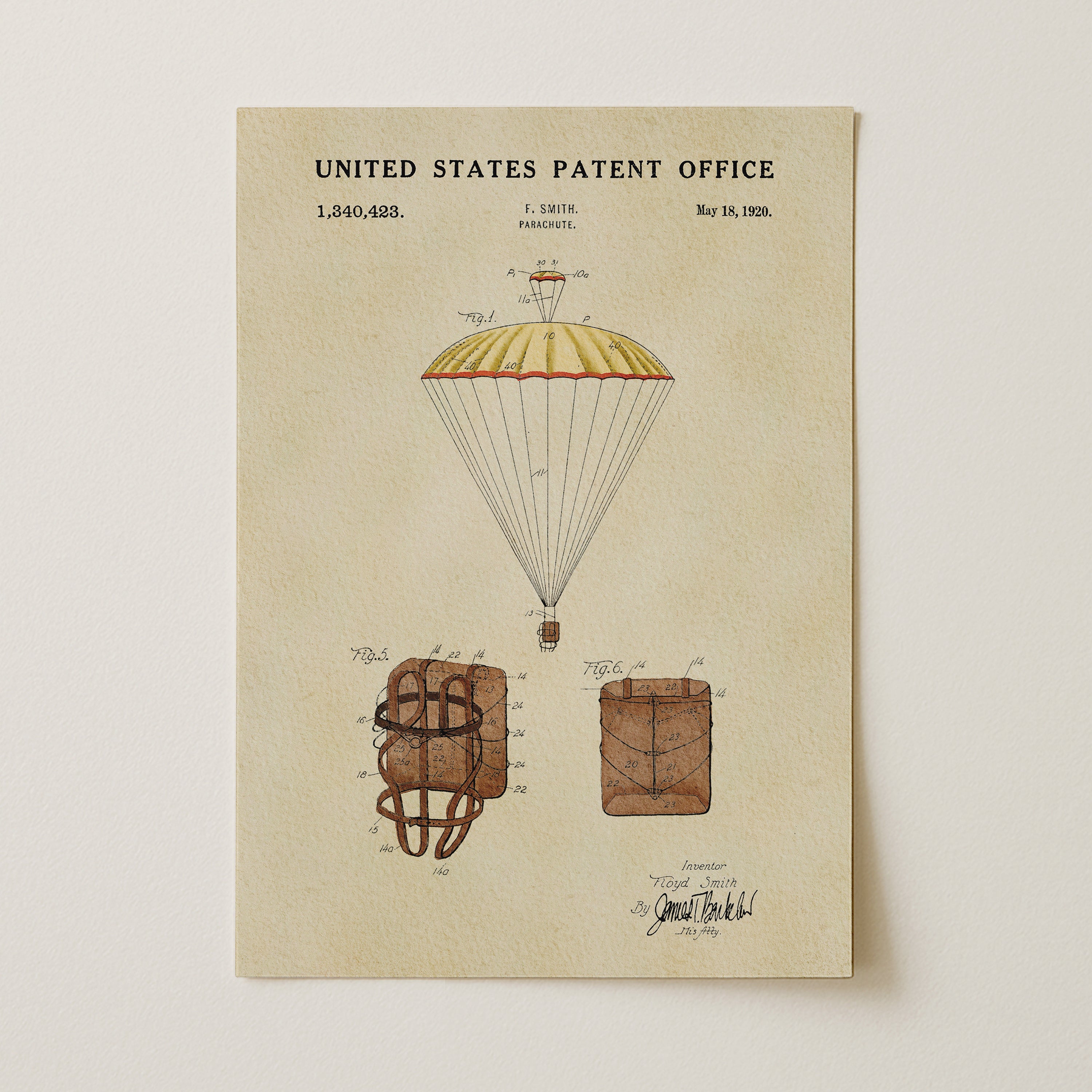 The image is a patent drawing from the United States Patent Office, depicting a parachute and a parachute-like device.