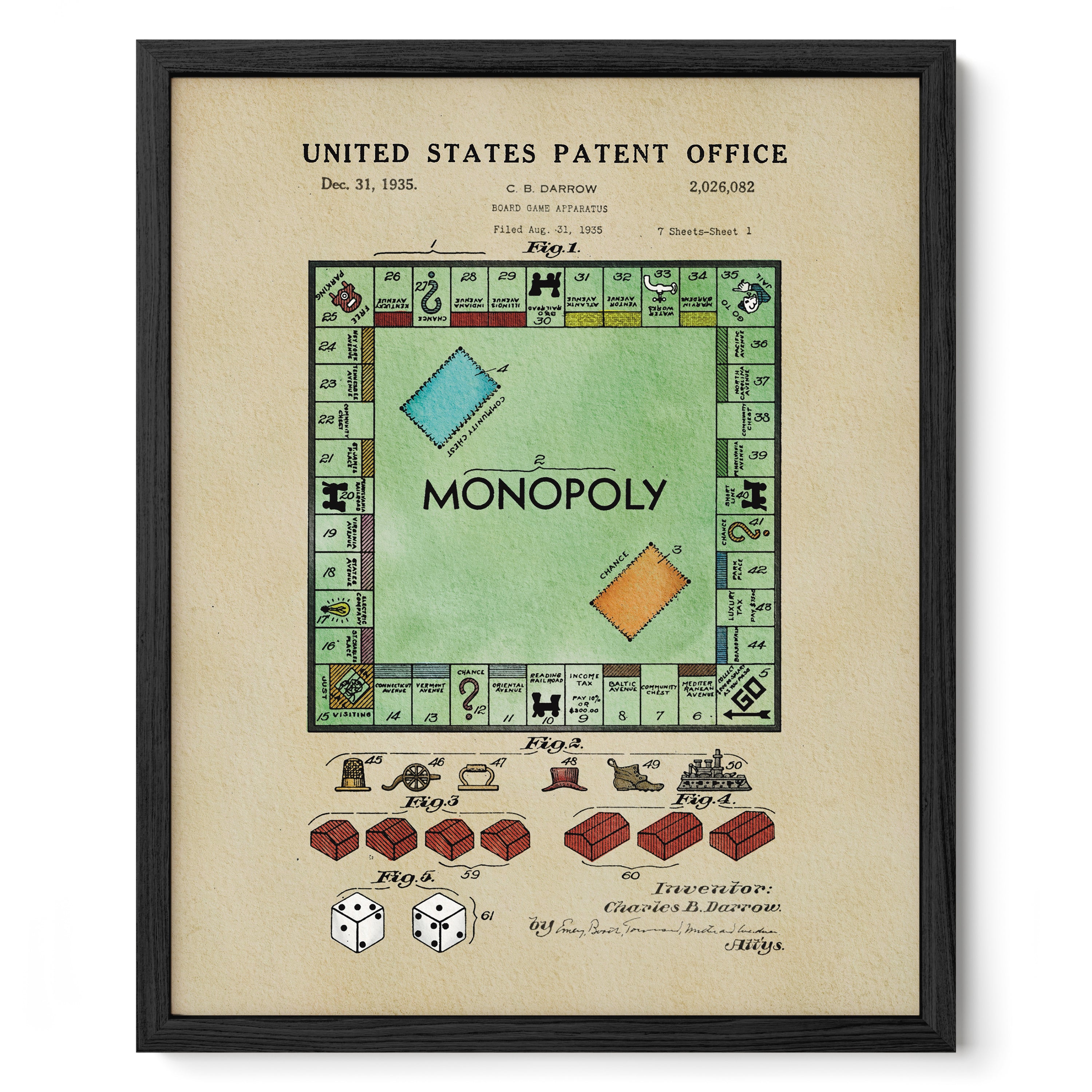 The image is a framed vintage Monopoly patent drawing from 1935, depicting the Monopoly board game and its iconic red and blue dice.