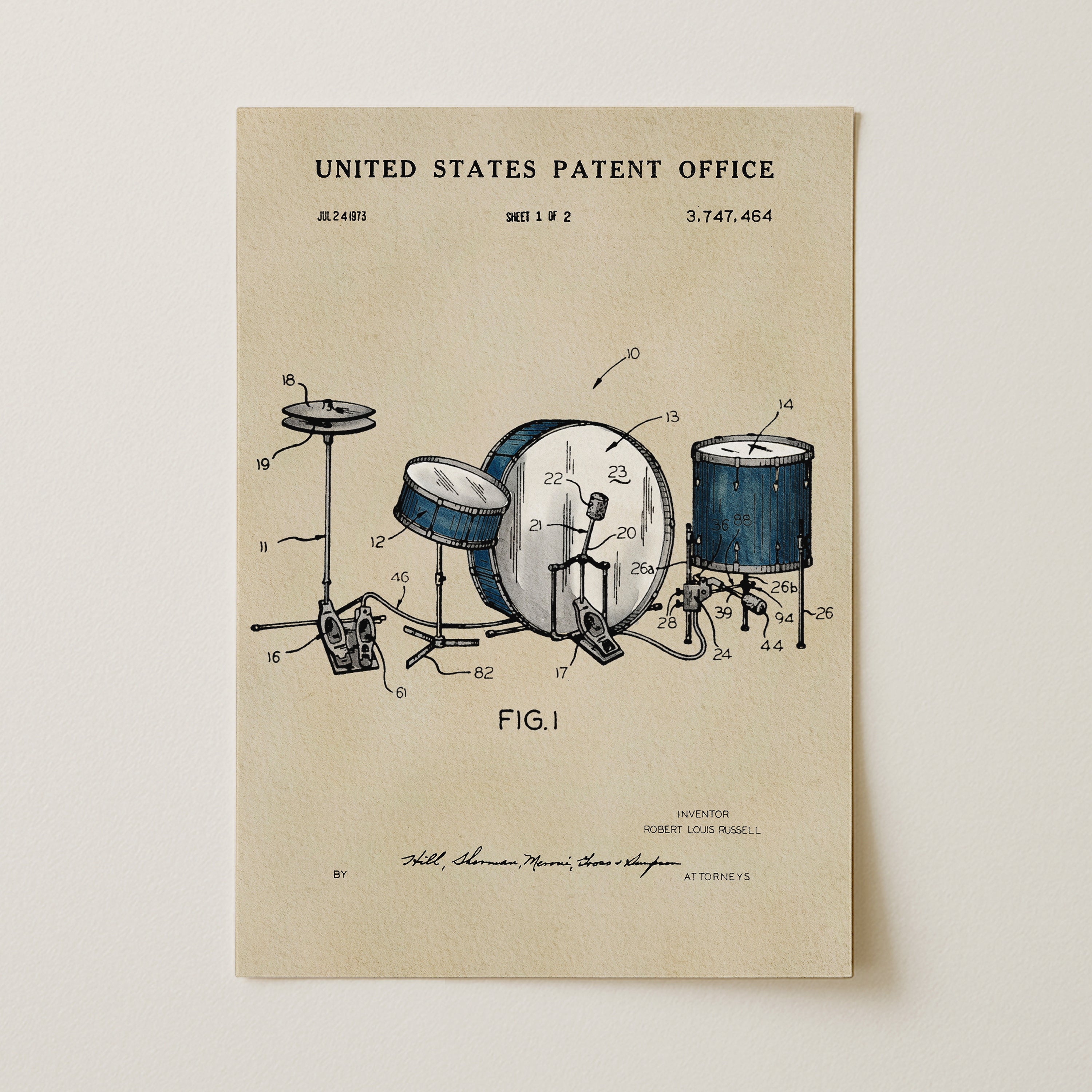 The image is a patent drawing of a drum set, depicting various parts and components of the drum set in a technical drawing style.