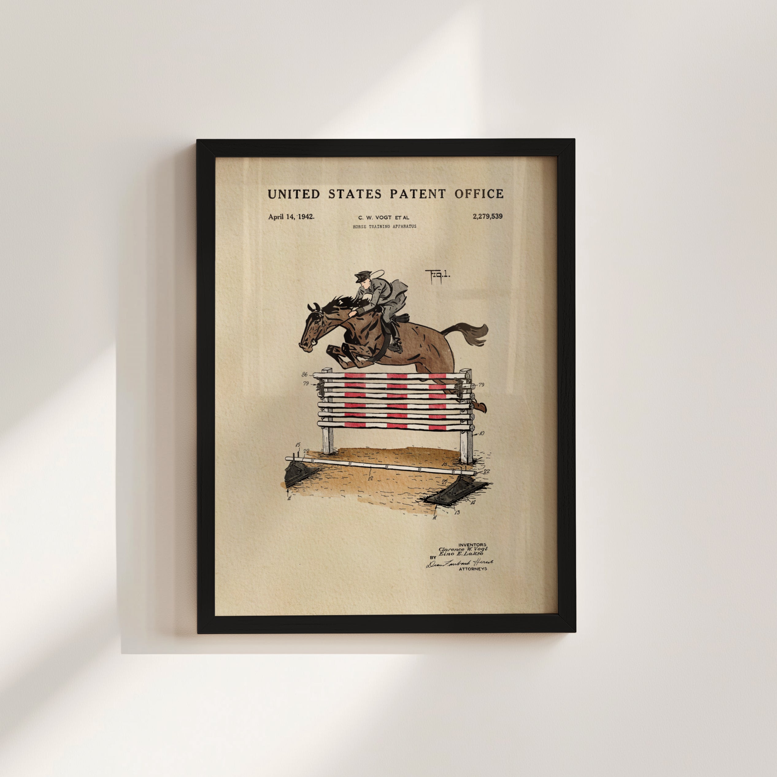 The image is a framed patent drawing depicting a horse jumping over a red and white striped obstacle.