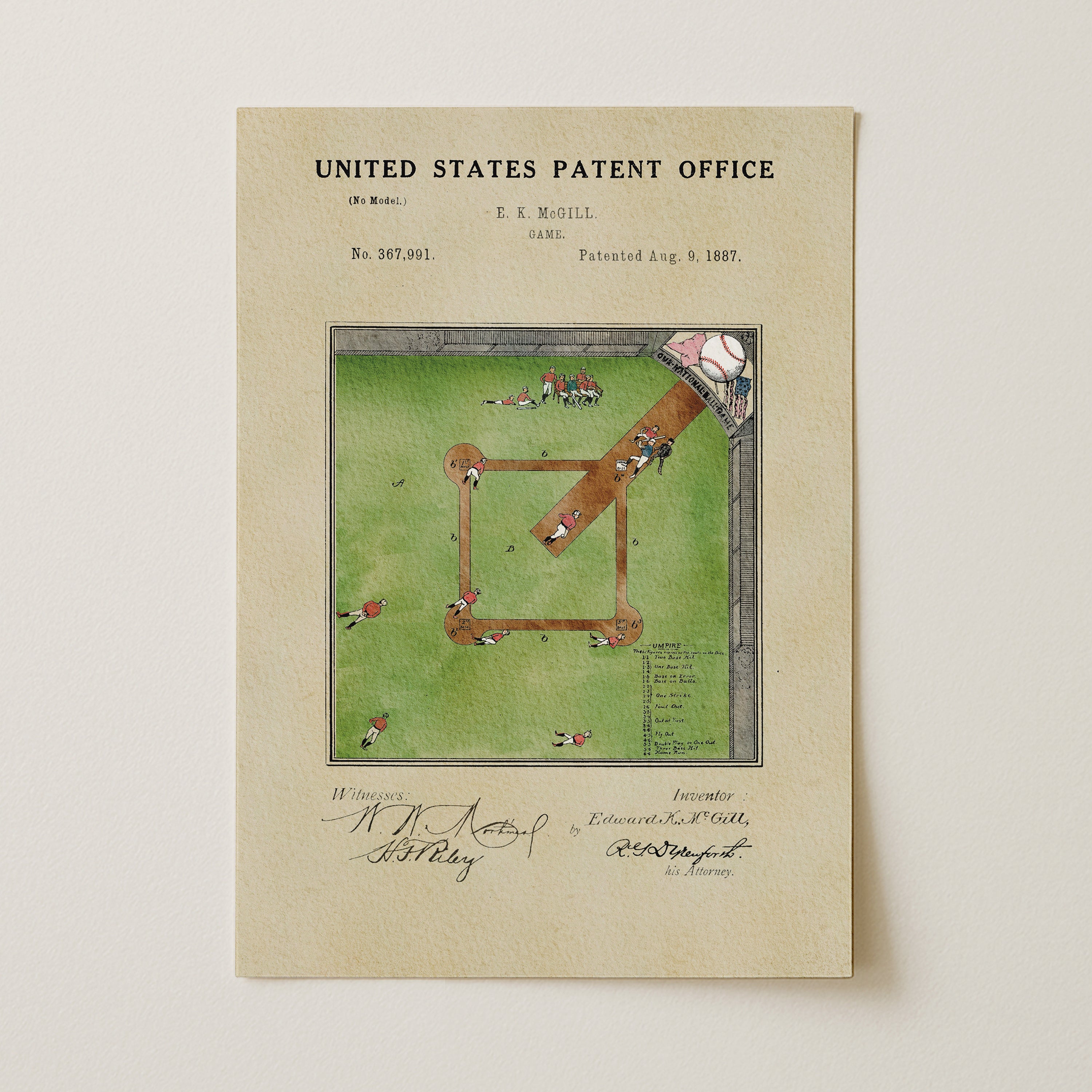 The image is a printed page from the United States Patent Office, featuring an illustration of a baseball field with a baseball bat and ball.