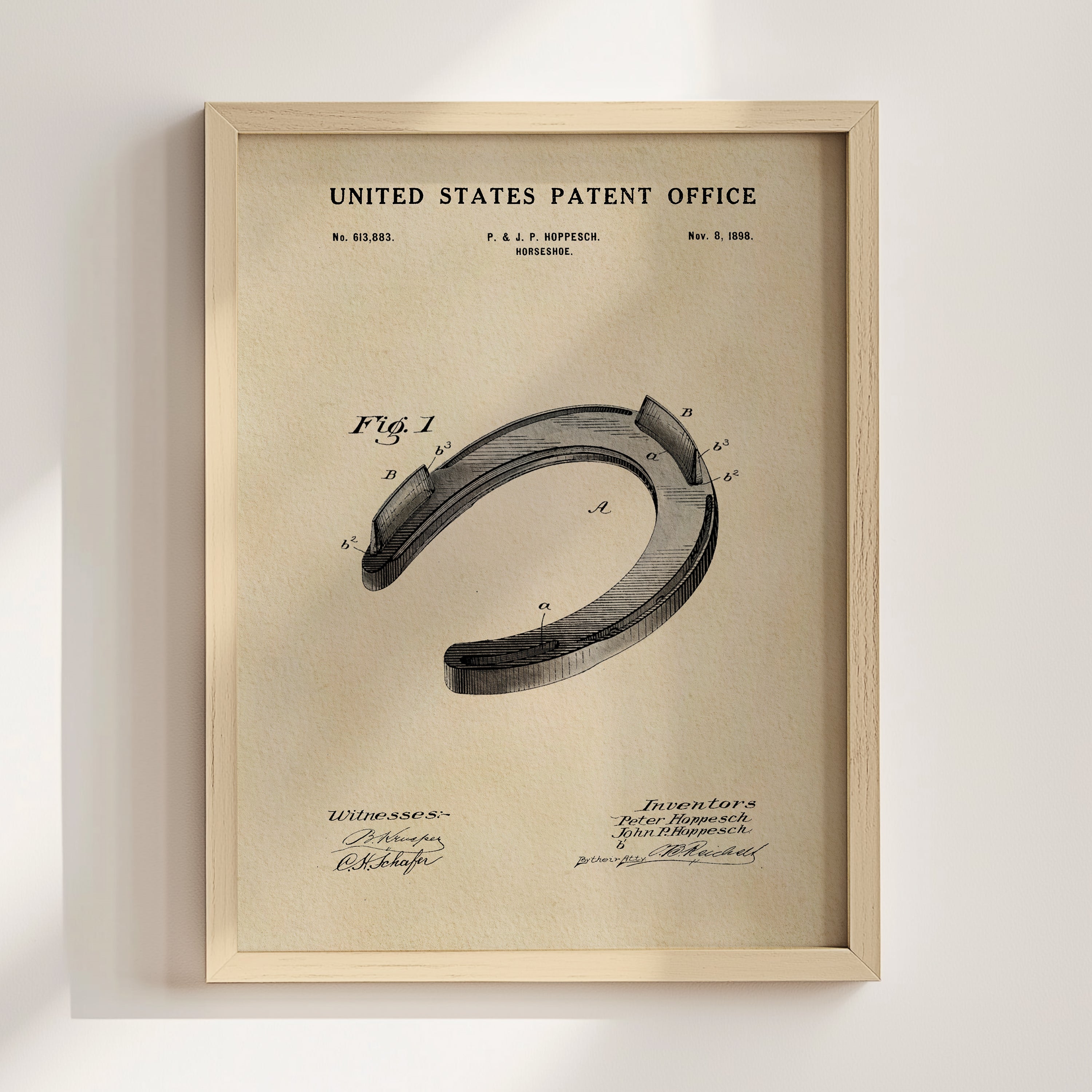 The image is a framed patent drawing of a horseshoe, depicting the design and construction of the horseshoe.