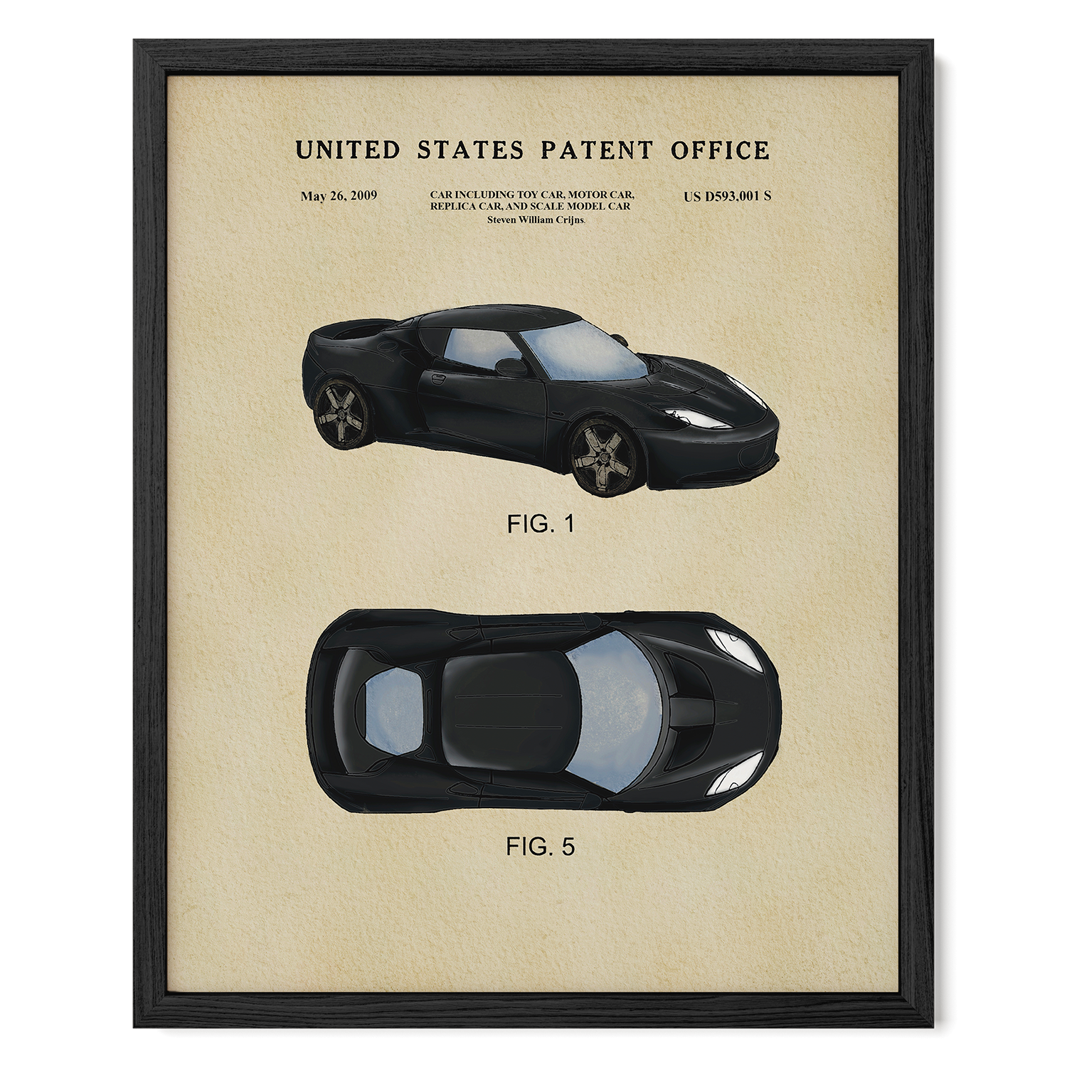 The image is a framed poster featuring a black sports car, likely a Tesla, with two different views of the car's design. The poster is titled