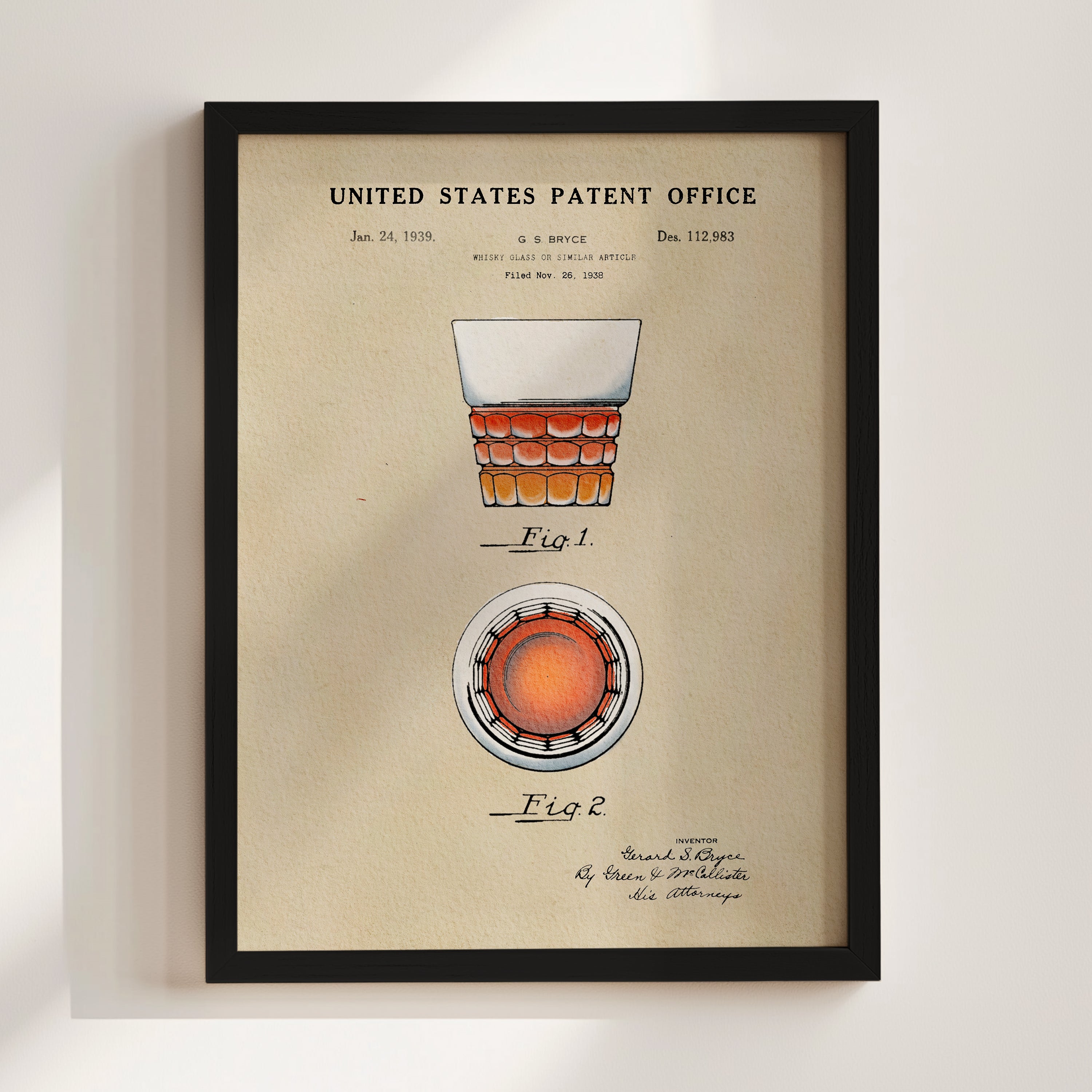The image is a framed patent drawing depicting a whiskey glass with a detailed illustration of the glass and its contents.