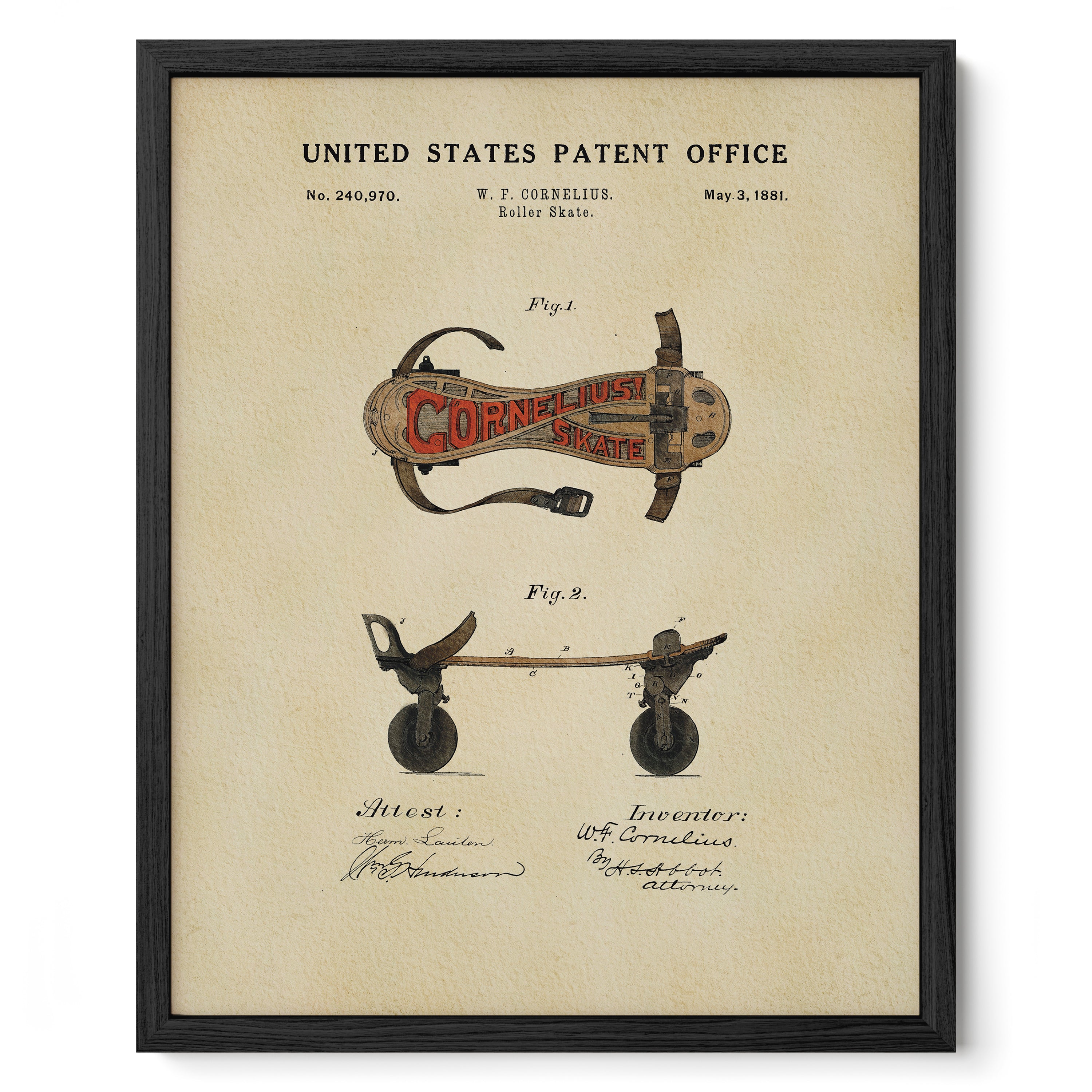 The image is a framed patent drawing depicting a roller skate with a wheeled base, labeled as