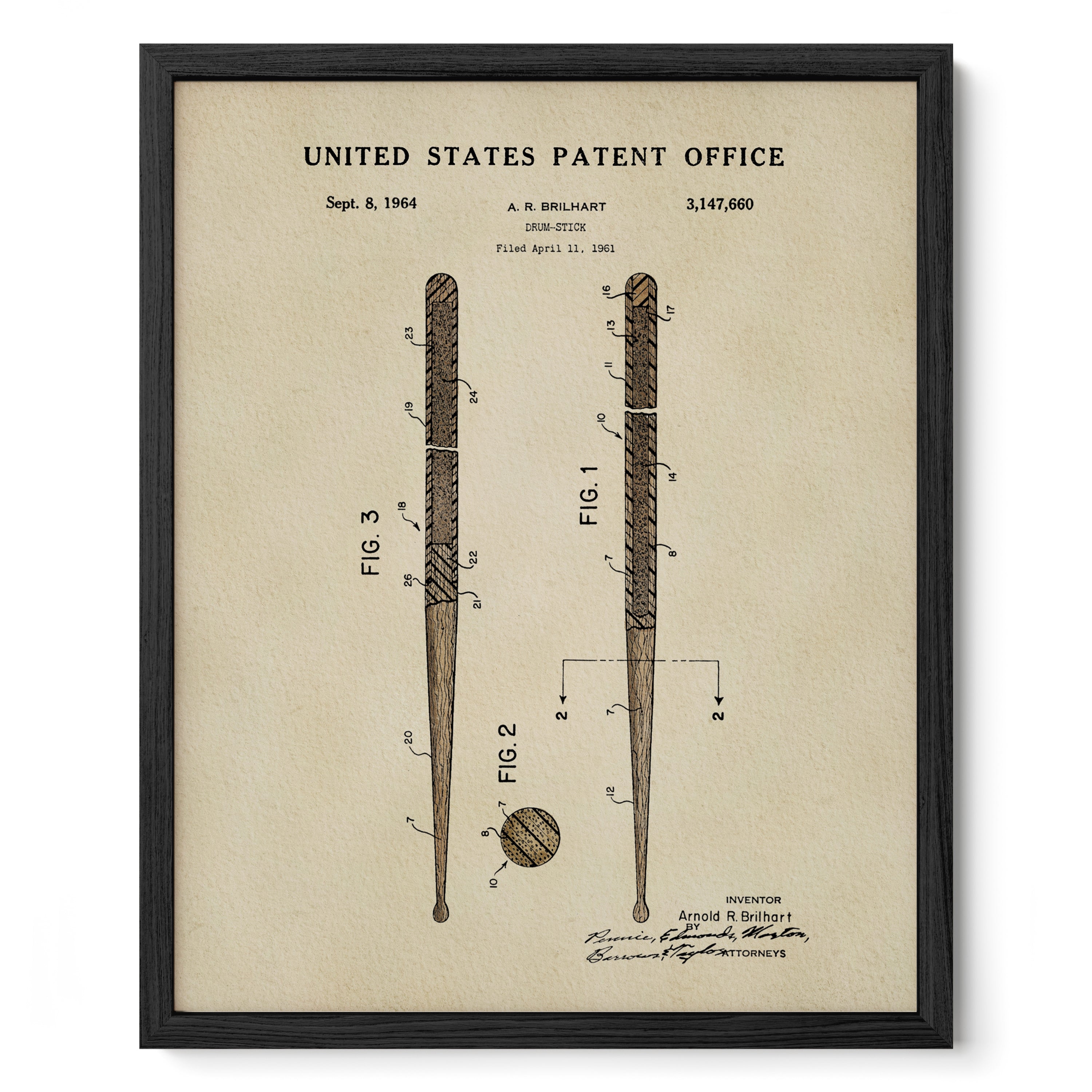 The image is a framed patent drawing of a baseball bat from the United States Patent Office, dated September 8, 1964.