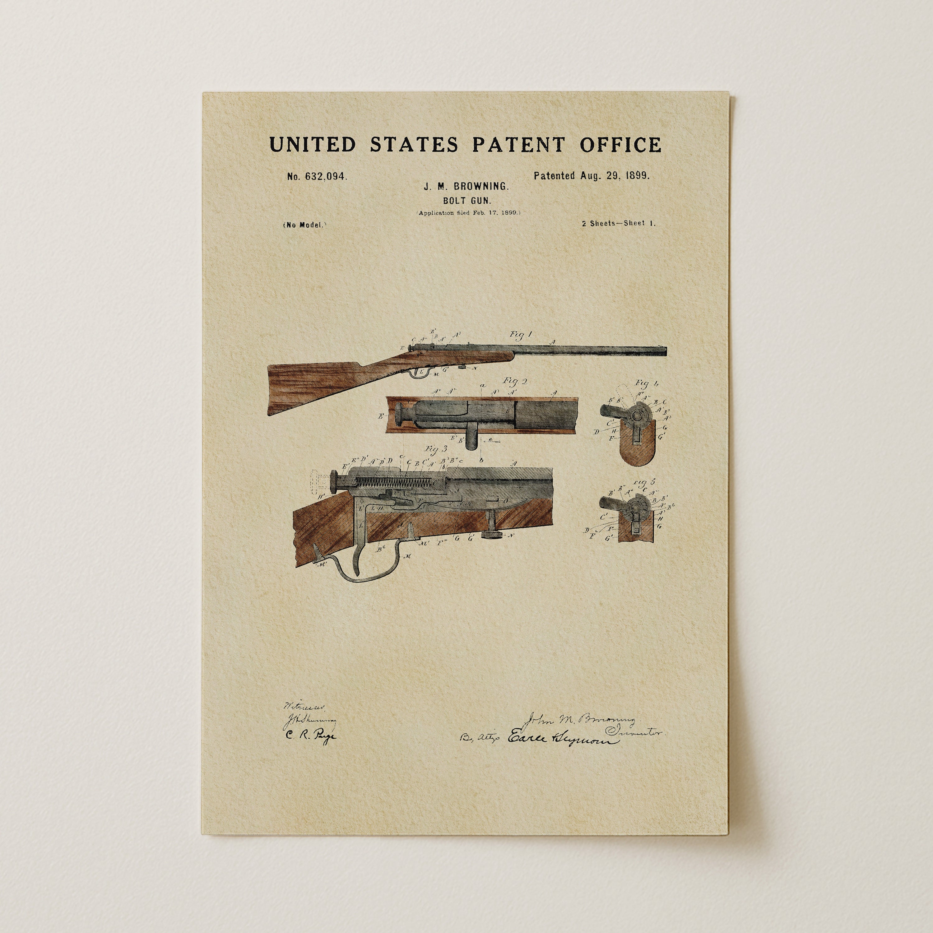 The image is a patent application from the United States Patent Office, dated August 29, 1899, for a rifle.