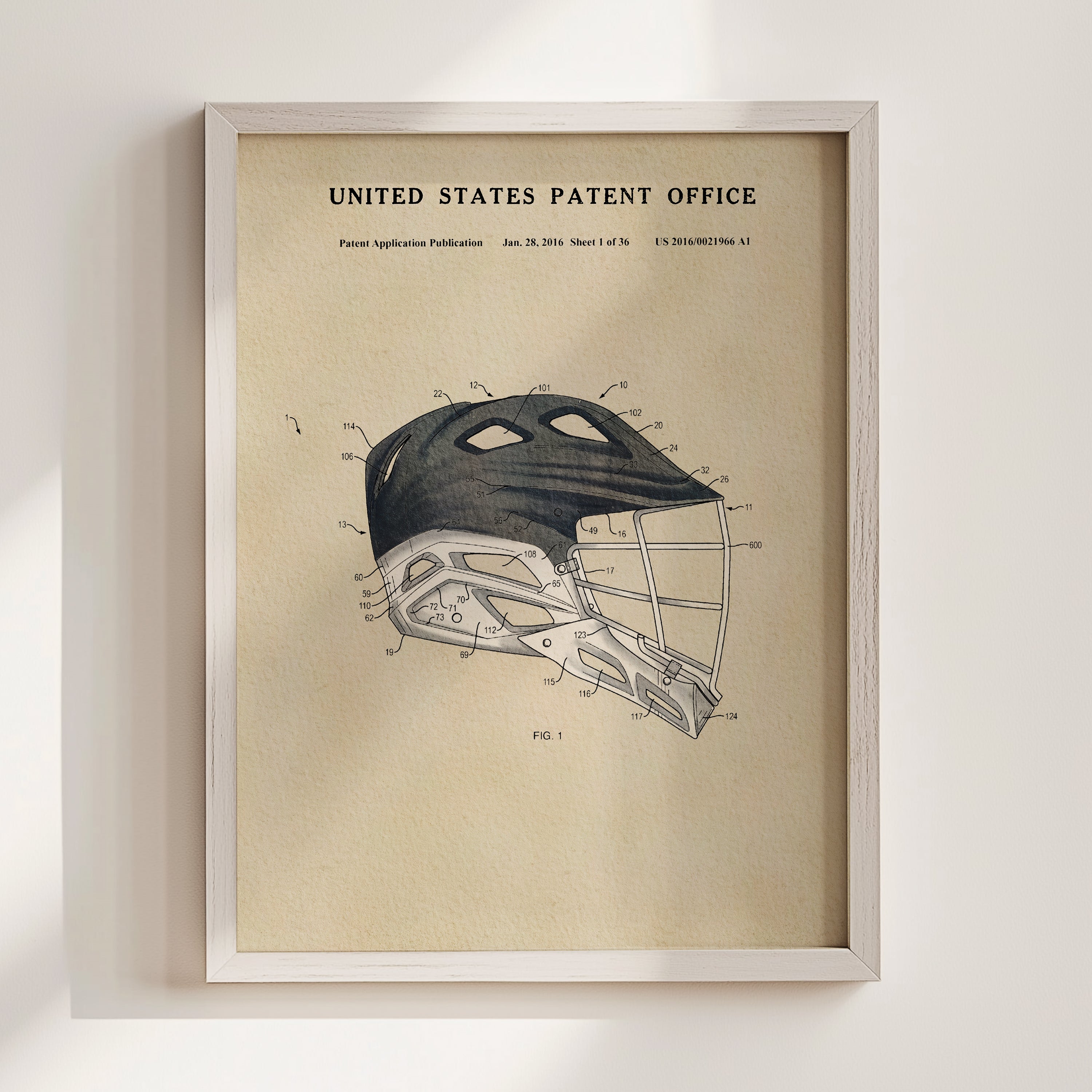 The image is a framed poster or print featuring a detailed technical drawing or patent application of a sports helmet, likely intended for use in the United States Patent Office.