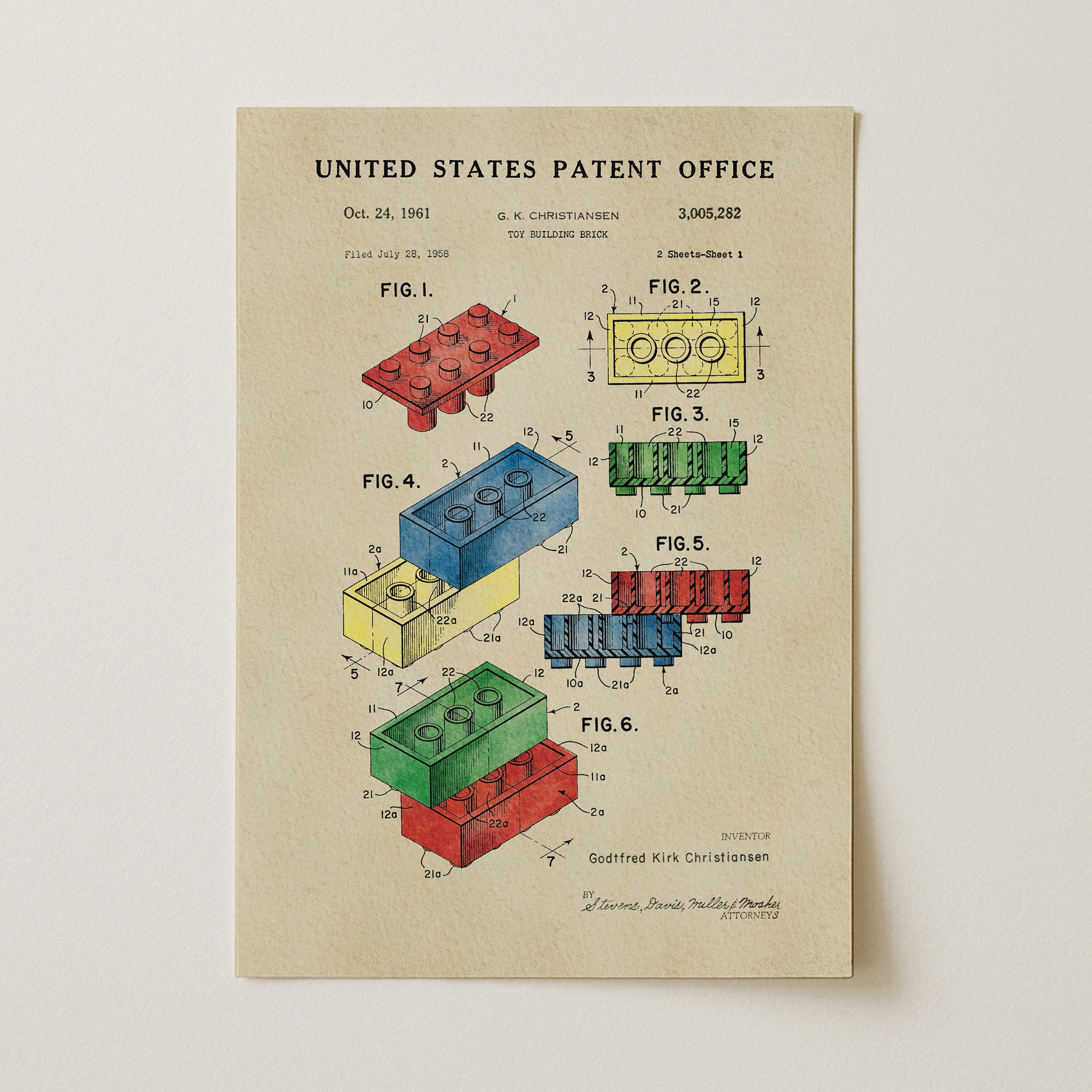 The image is a patent drawing from the United States Patent Office, depicting various Lego brick designs and their corresponding technical drawings.