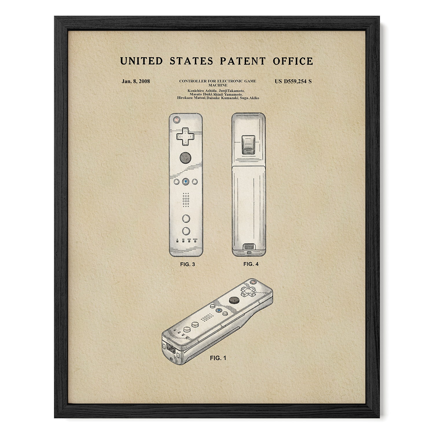 The image is a framed patent drawing depicting two Wii controllers, labeled as Fig. 3 and Fig. 4.