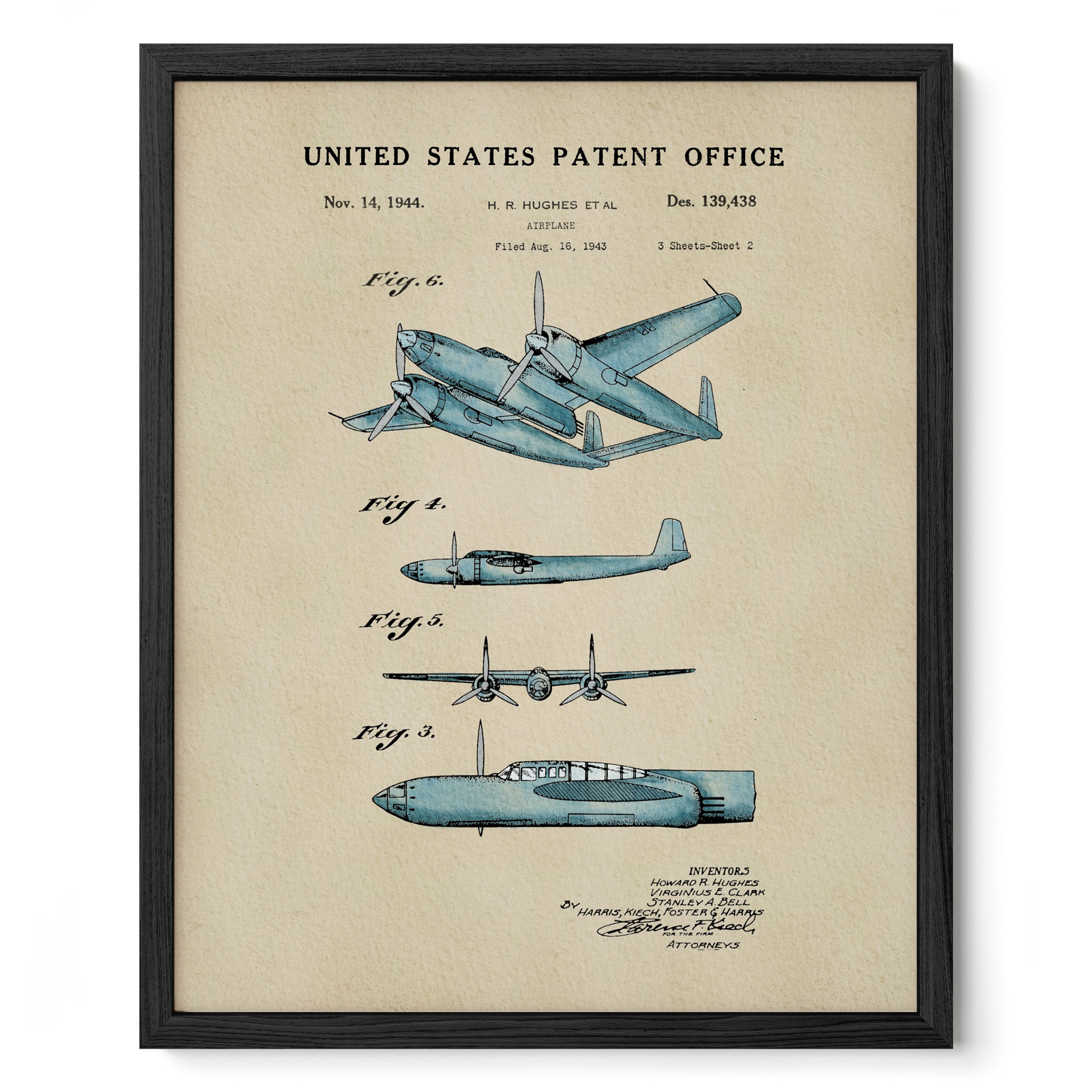 The image is a framed vintage patent drawing of a blue airplane, depicting the design and features of the aircraft.
