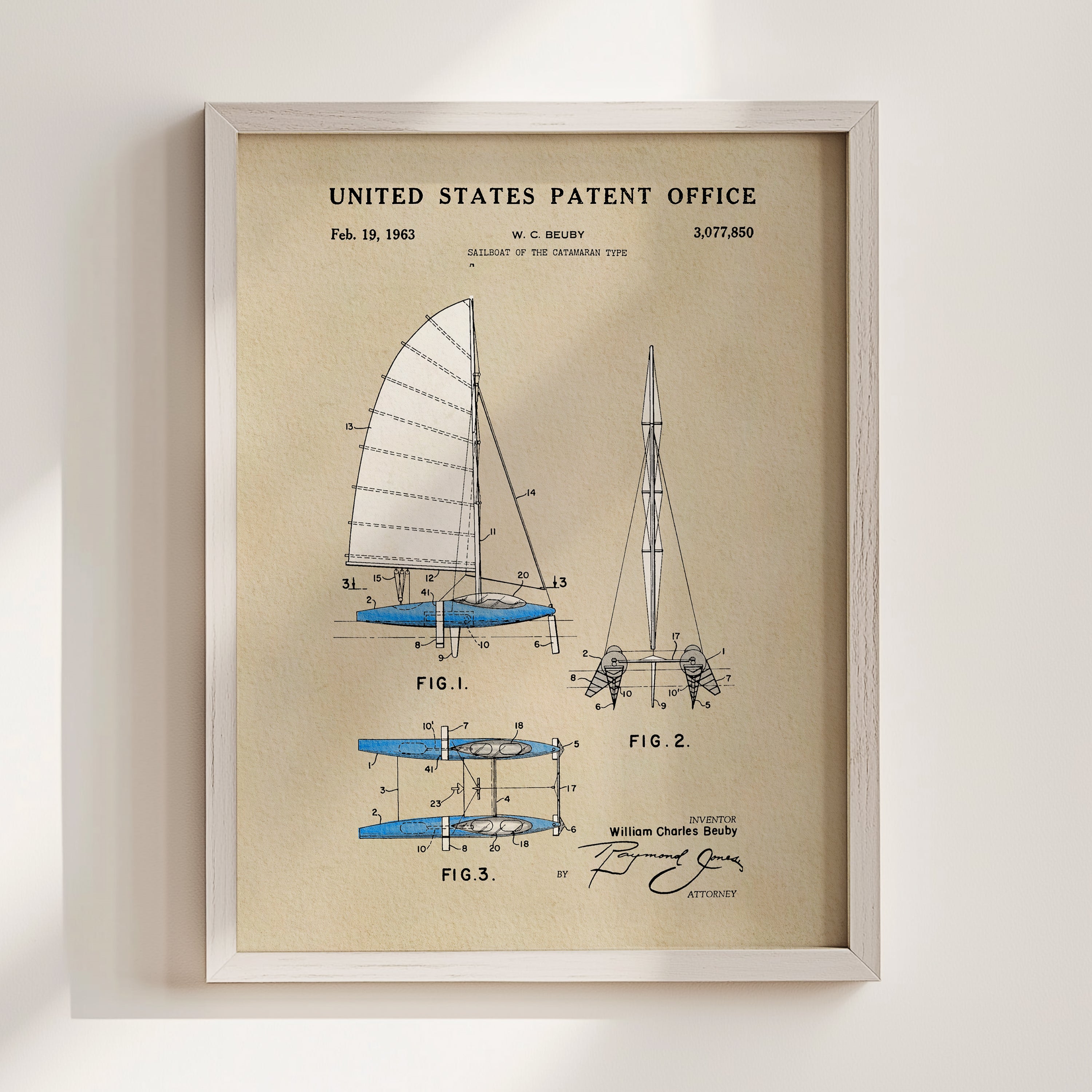 The image is a framed patent drawing depicting a sailboat design from the United States Patent Office.