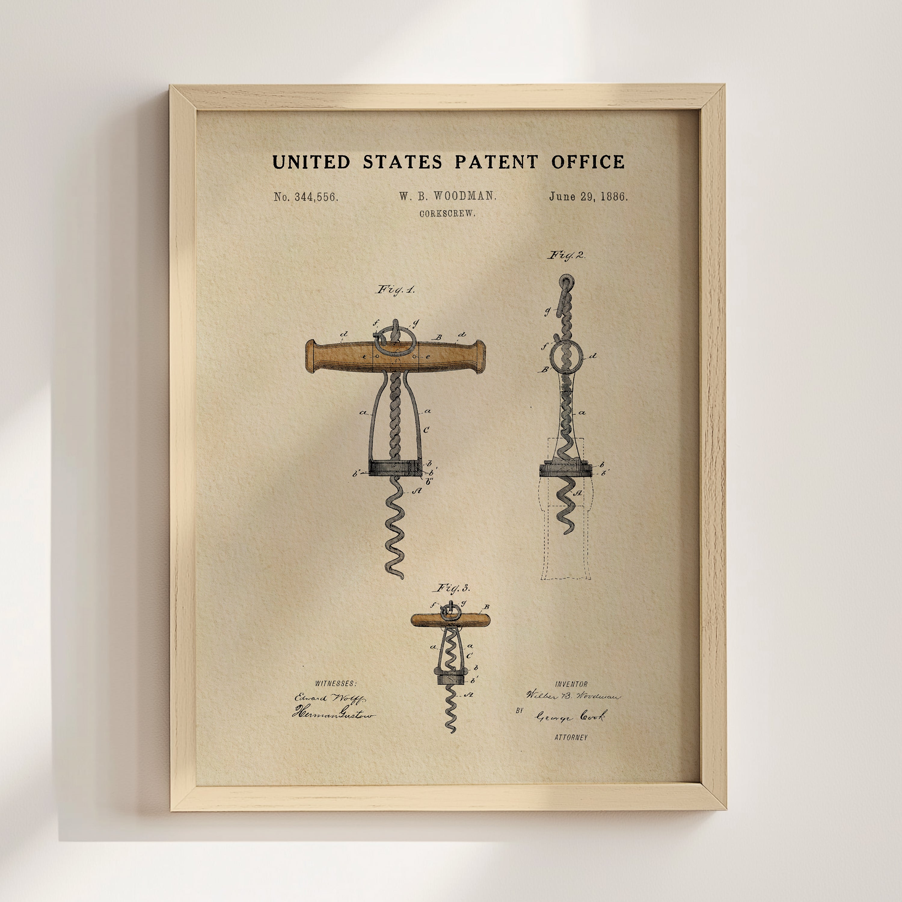 The image is a framed patent drawing depicting a corkscrew, which is a tool used to remove corks from wine bottles.