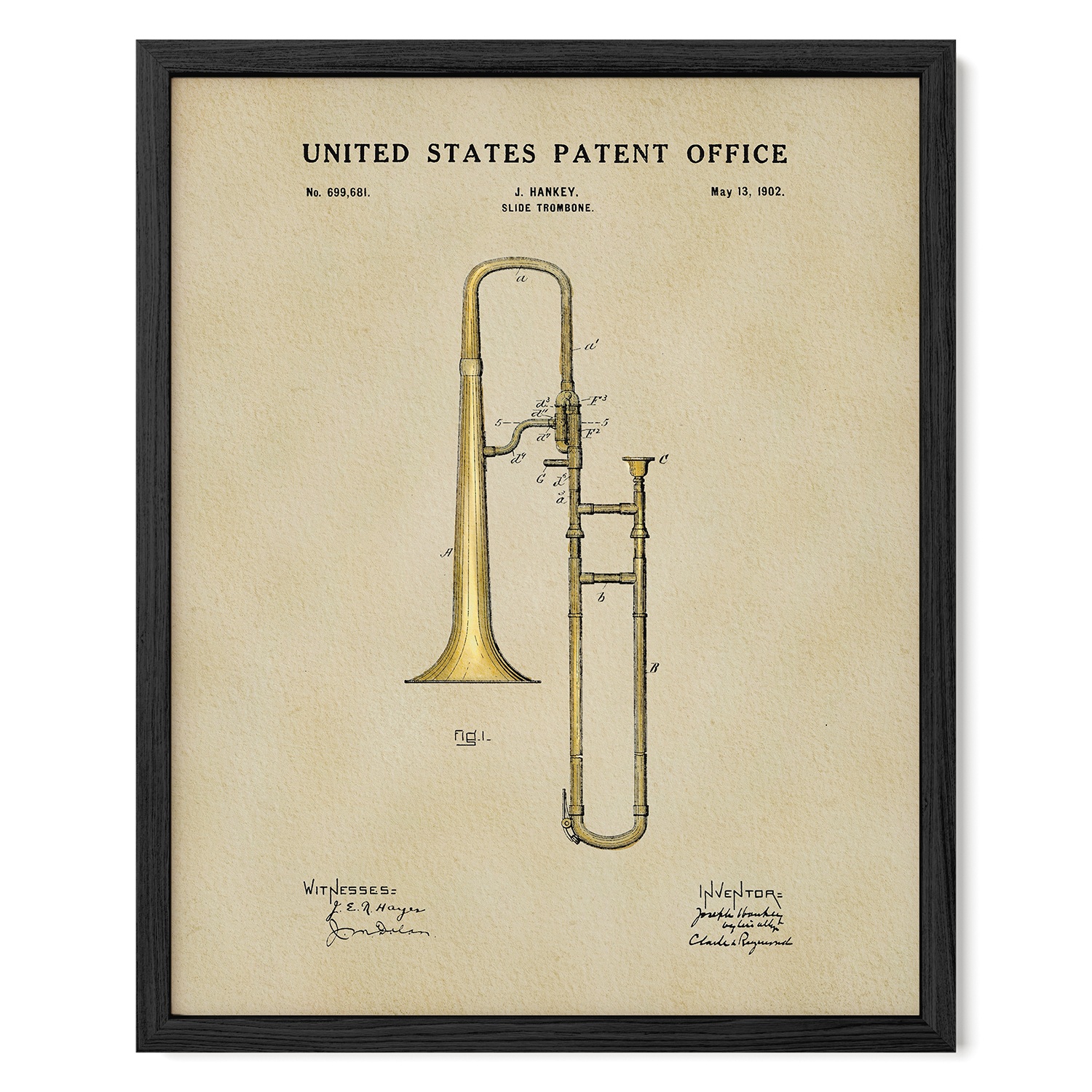 The image is a framed patent drawing of a trumpet, depicting the instrument in a detailed and technical manner.