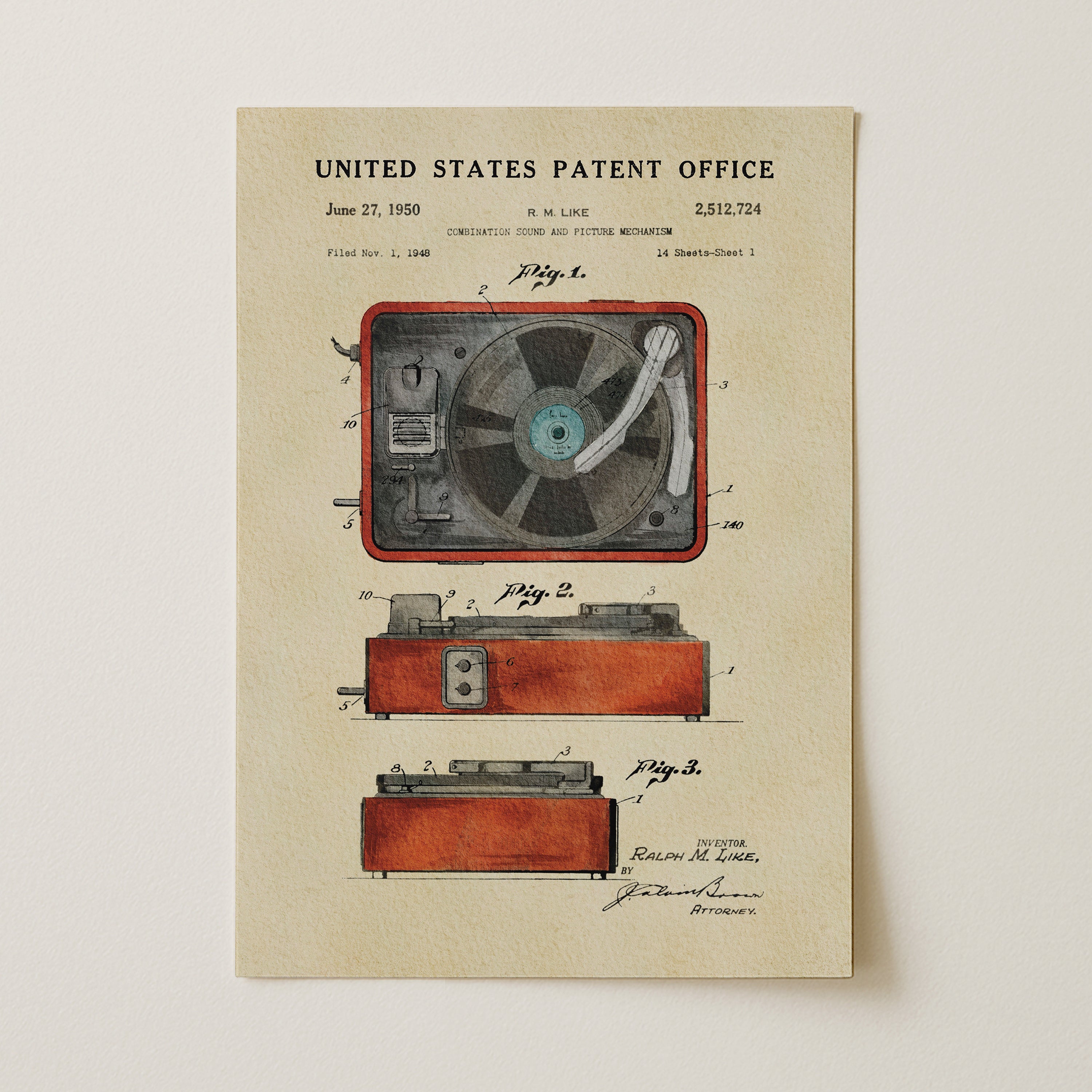 The image is a printed patent drawing of a record player, depicting the internal components and design of the device.