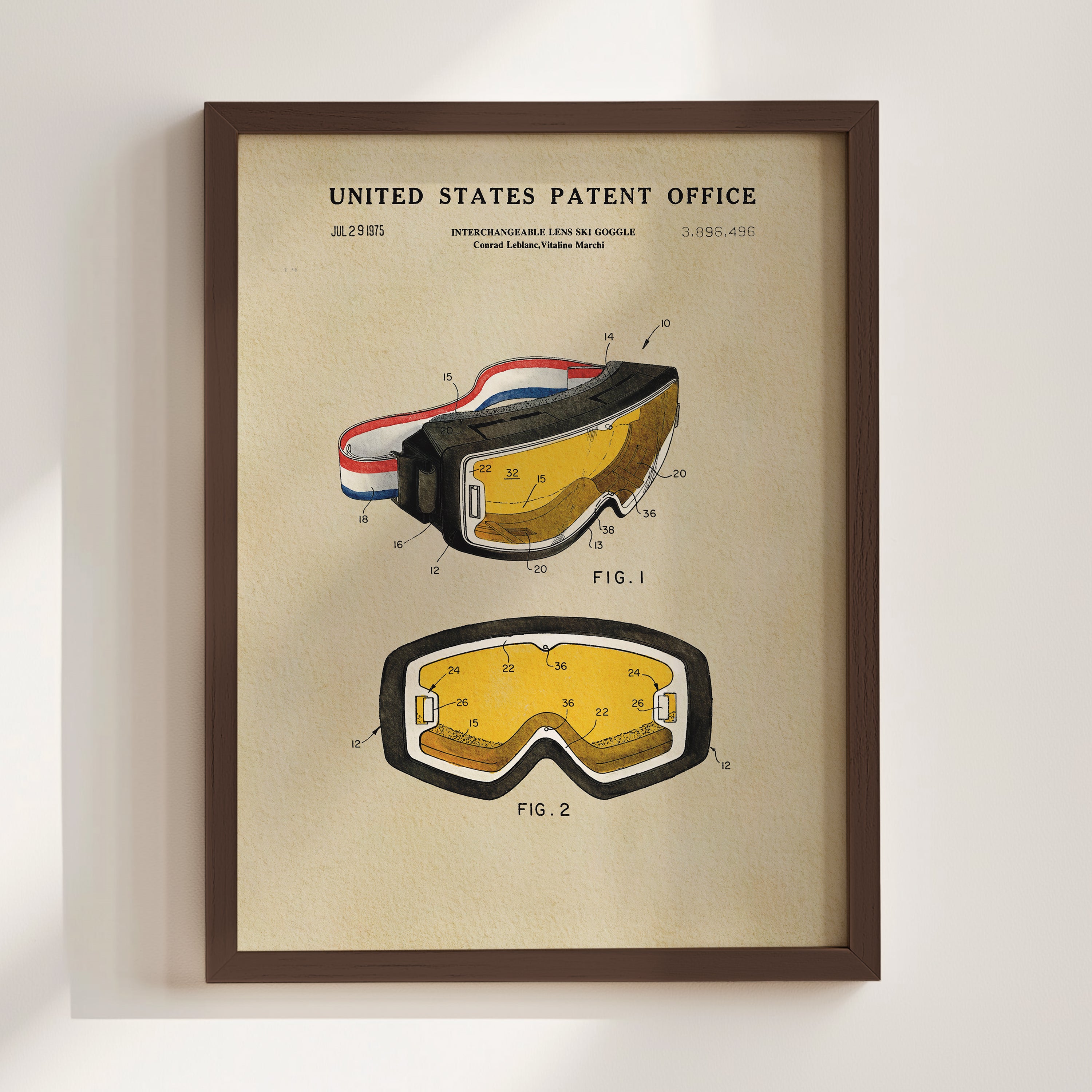 The image is a framed patent drawing depicting a pair of goggles, with detailed technical drawings and labels.