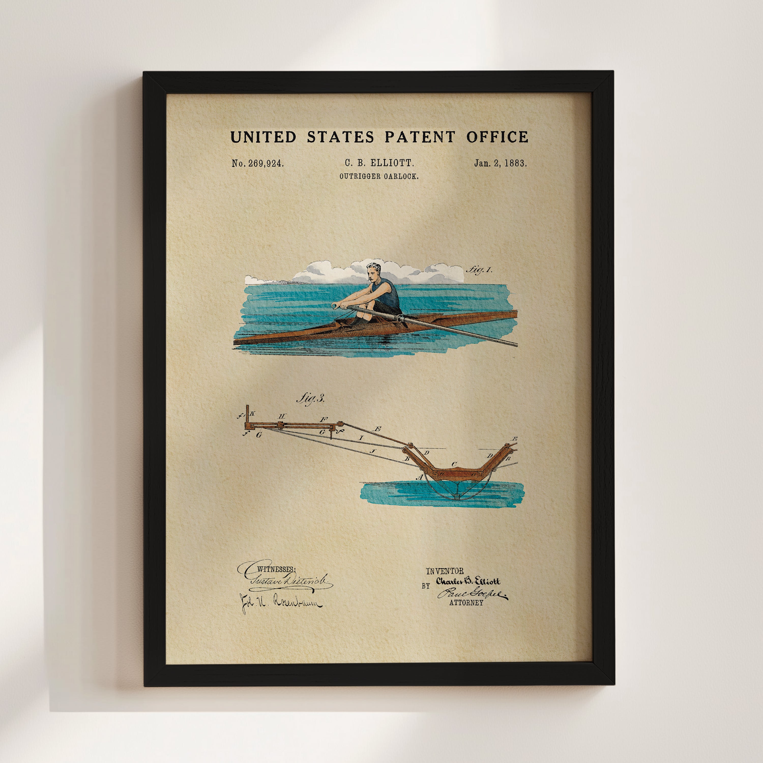 The image is a framed patent drawing depicting a rowing machine with a man rowing in a boat.
