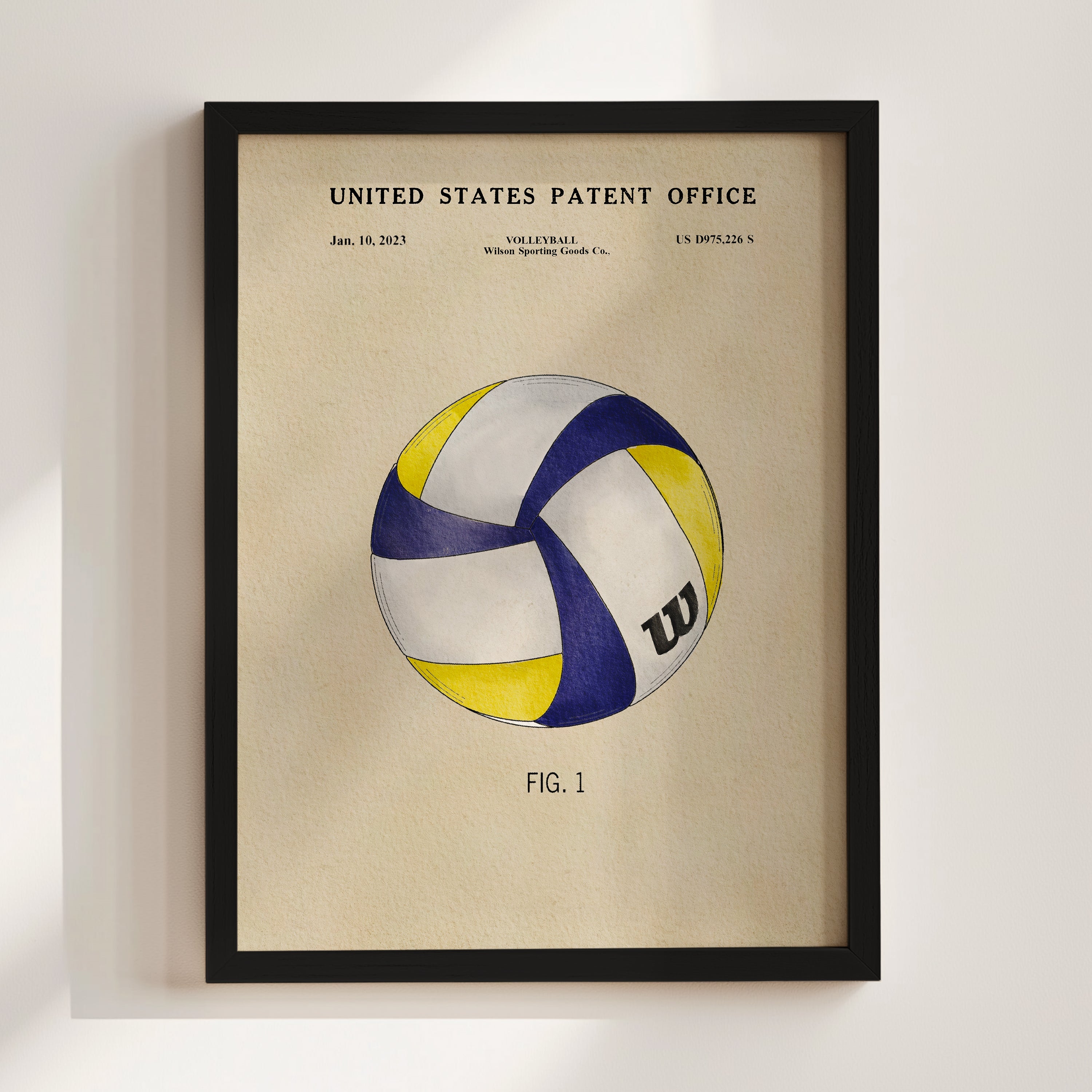 The image is a framed print of a volleyball patent from the United States Patent Office, dated January, 10, 2013, and featuring a drawing of a volleyball.