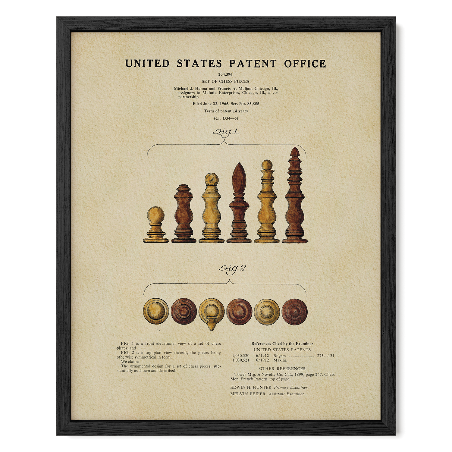 The image is a framed patent office patent from the United States, featuring a detailed illustration of chess pieces and their corresponding patent applications.