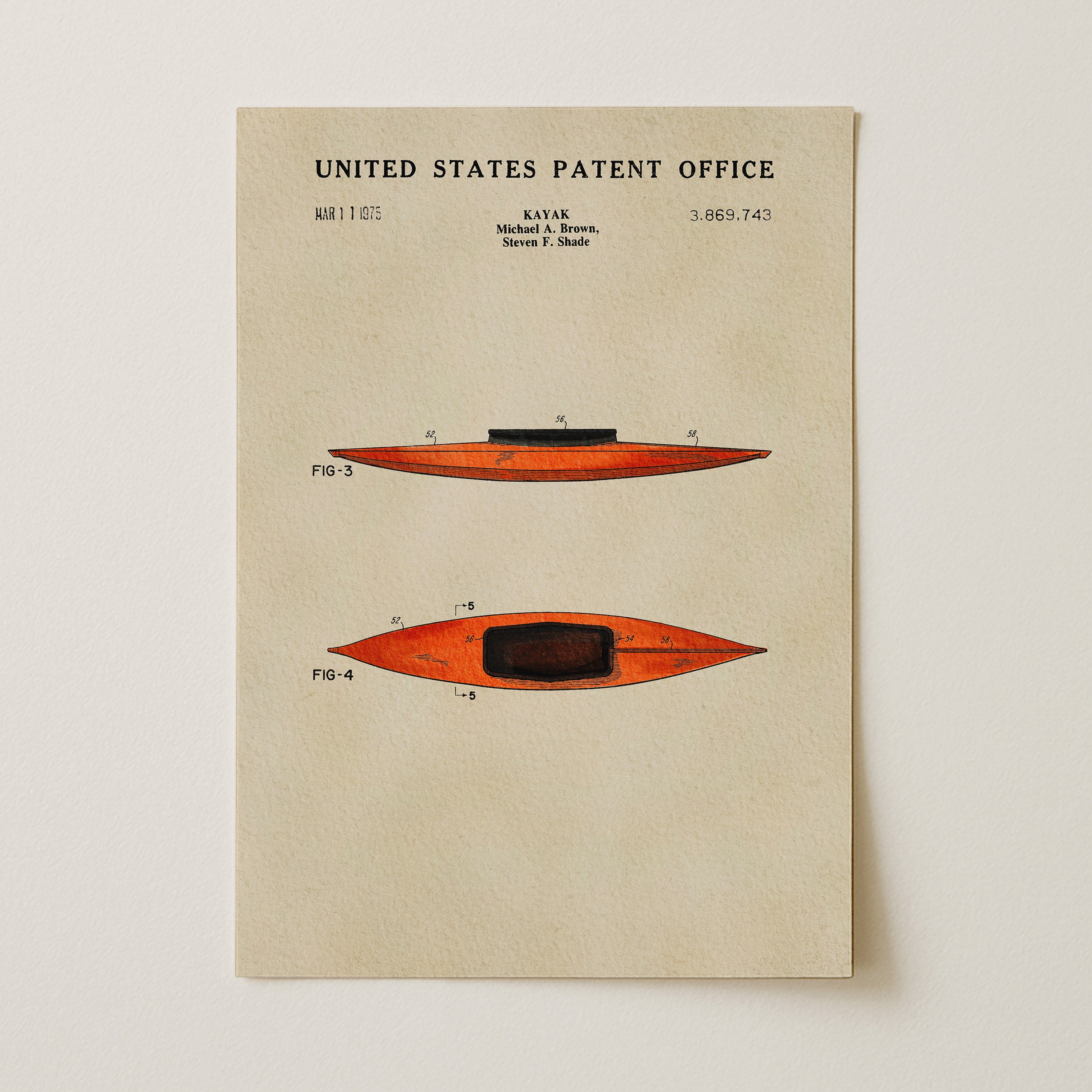 The image is a framed patent drawing of a kayak, depicting the design and features of the kayak in a detailed manner.