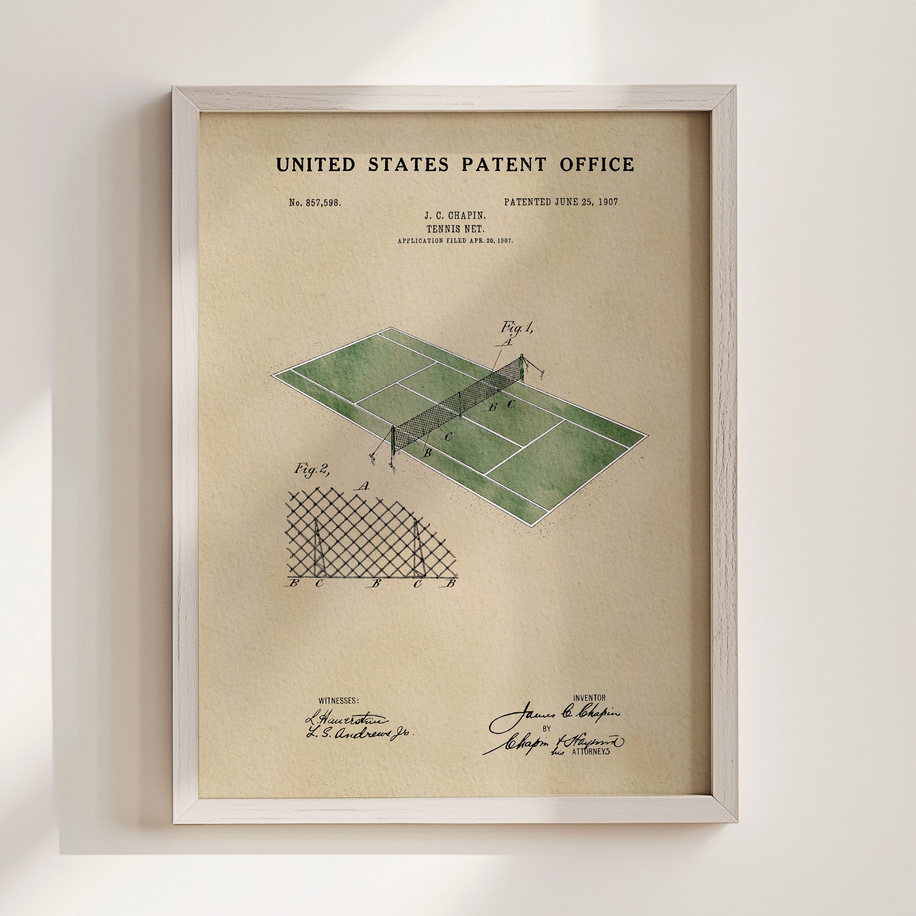 The image is a framed vintage patent drawing of a tennis court, depicting the invention of the tennis racket and net.