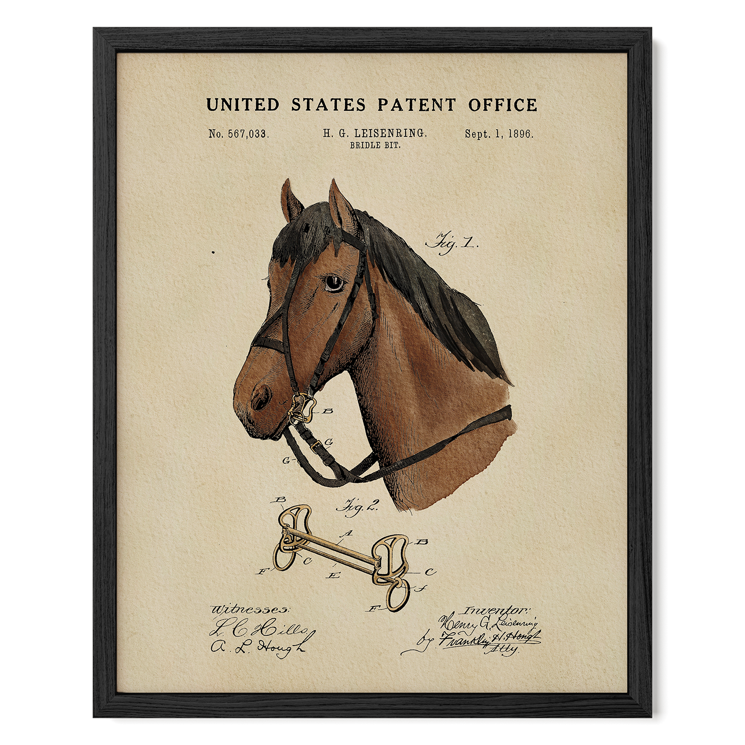 The image is a framed patent drawing depicting a horse's head and bridle, with accompanying technical drawings and text.