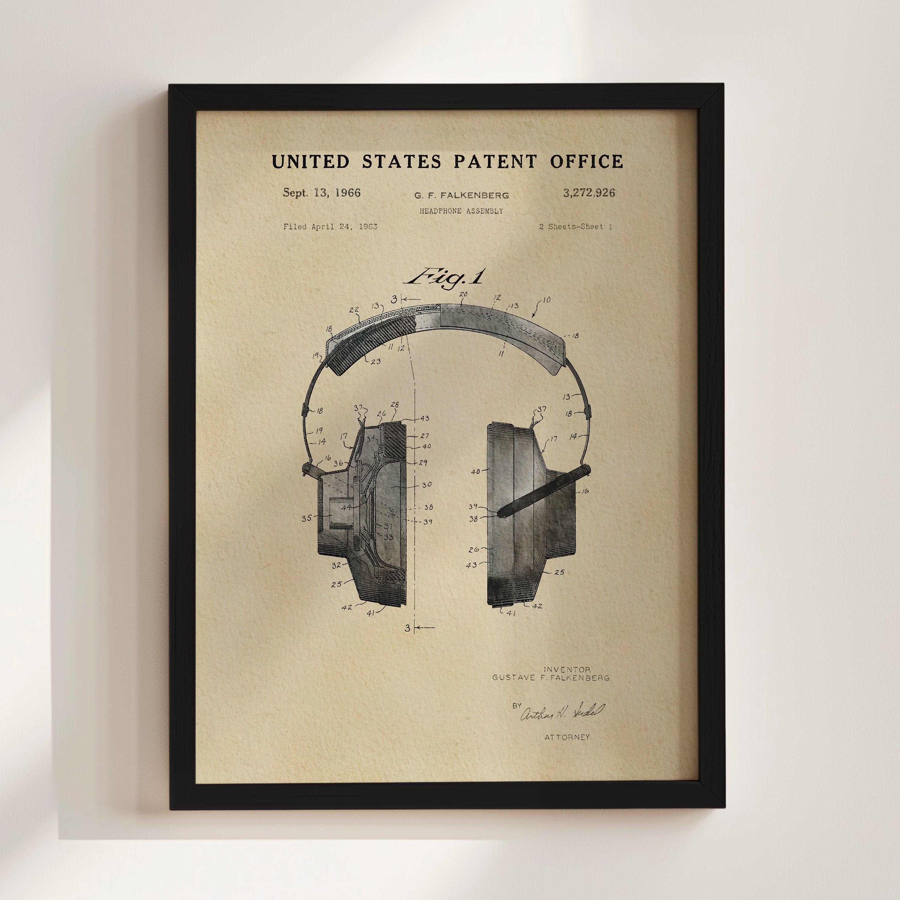 The image is a framed patent drawing of a pair of headphones, depicting the design and features of the headphones.