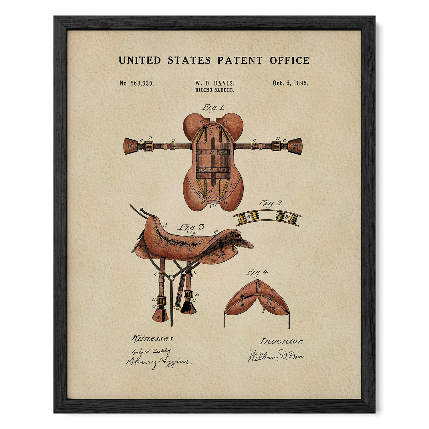 The image is a framed vintage patent drawing depicting a leather saddle, with accompanying technical drawings and inventors' signatures.