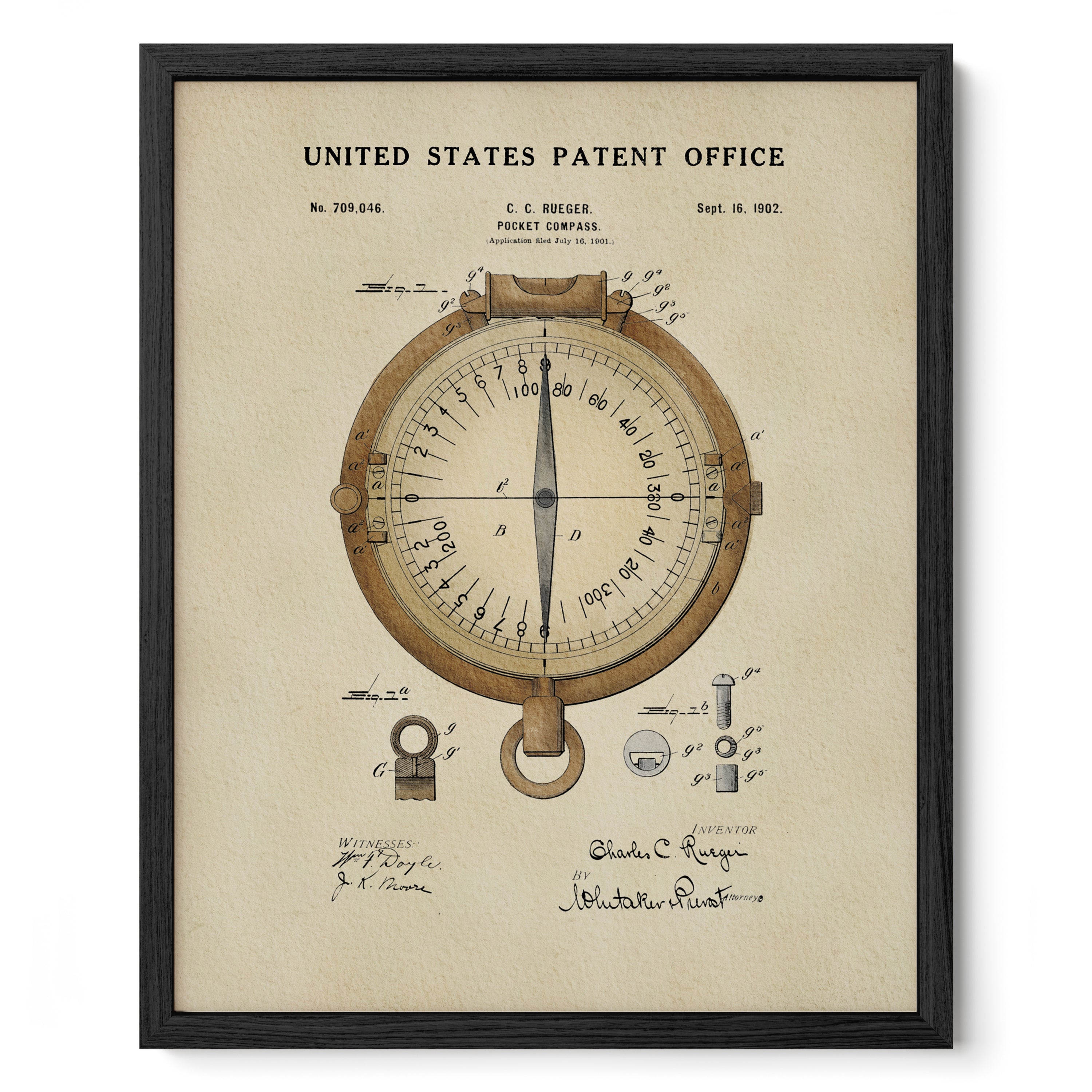 The image is a framed patent drawing of a compass, depicting the United States Patent Office from Sept. 18, 1902.
