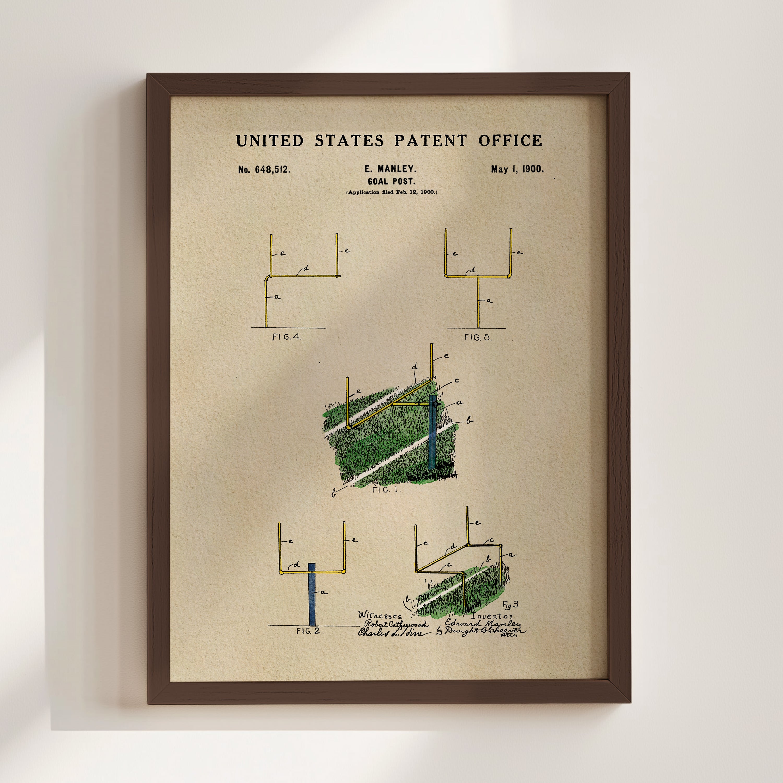 The image is a framed print of a United States patent office patent from 1900, featuring a detailed illustration of a football field with a focus on the football goal.