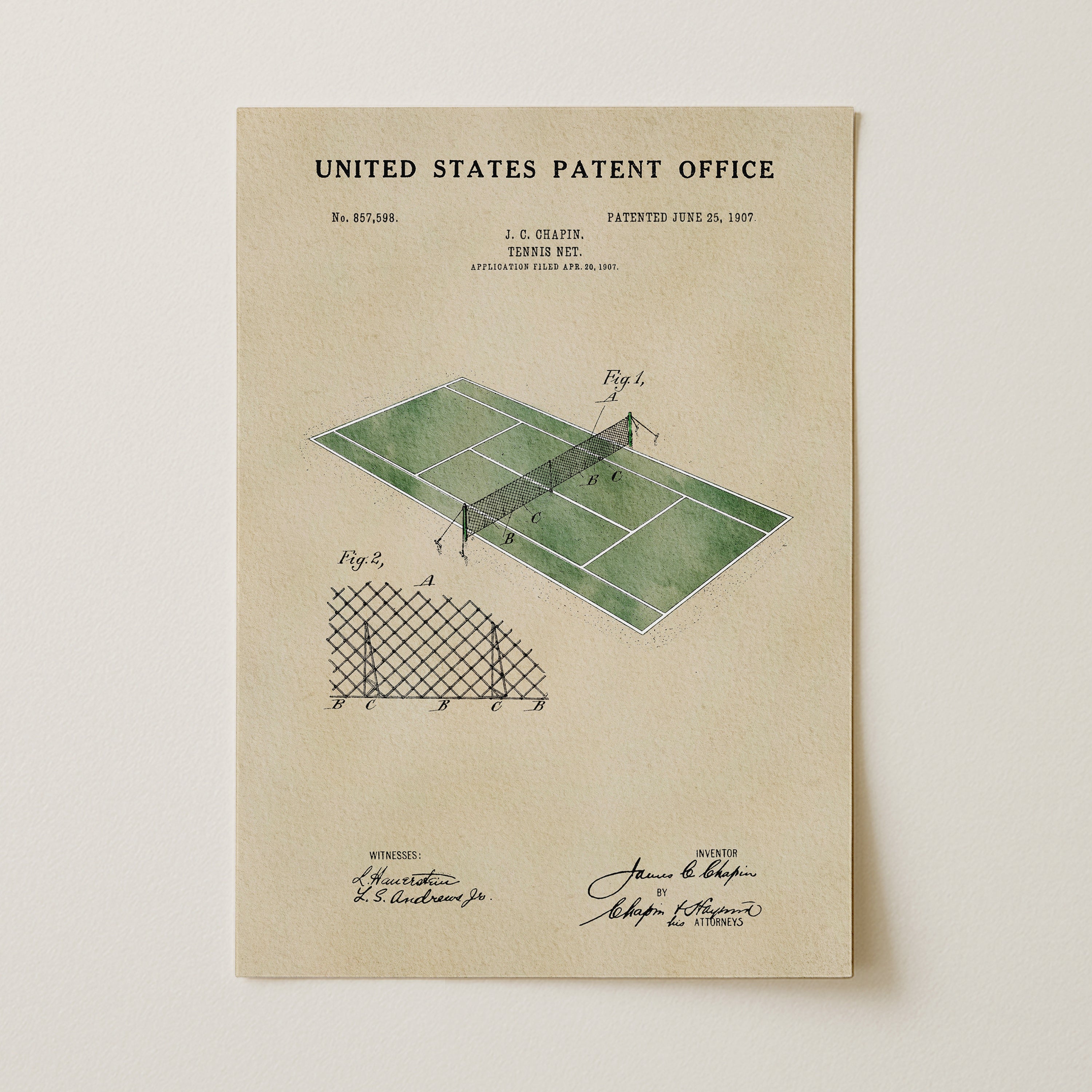The image is a vintage United States patent office patent drawing depicting a tennis court with a net, along with some technical drawings and annotations.