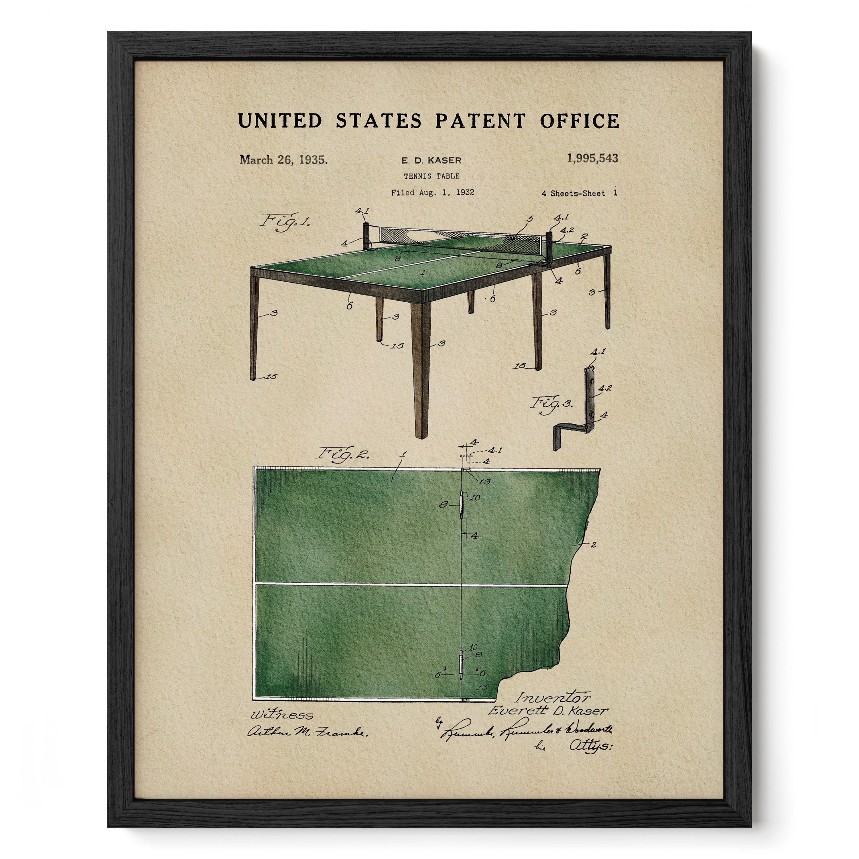 The image is a framed vintage patent drawing of a table tennis table, depicting the design and construction of the table.